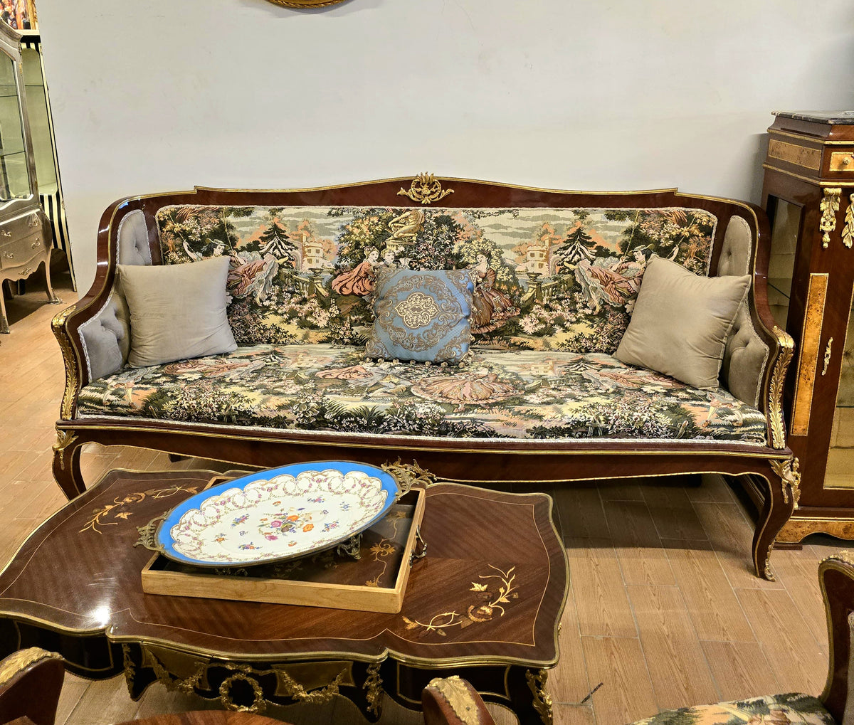 French Louis XV Style Sofa – Multicolor Scenic Upholstery with Carved Wood Frame & Gold Leaf Details