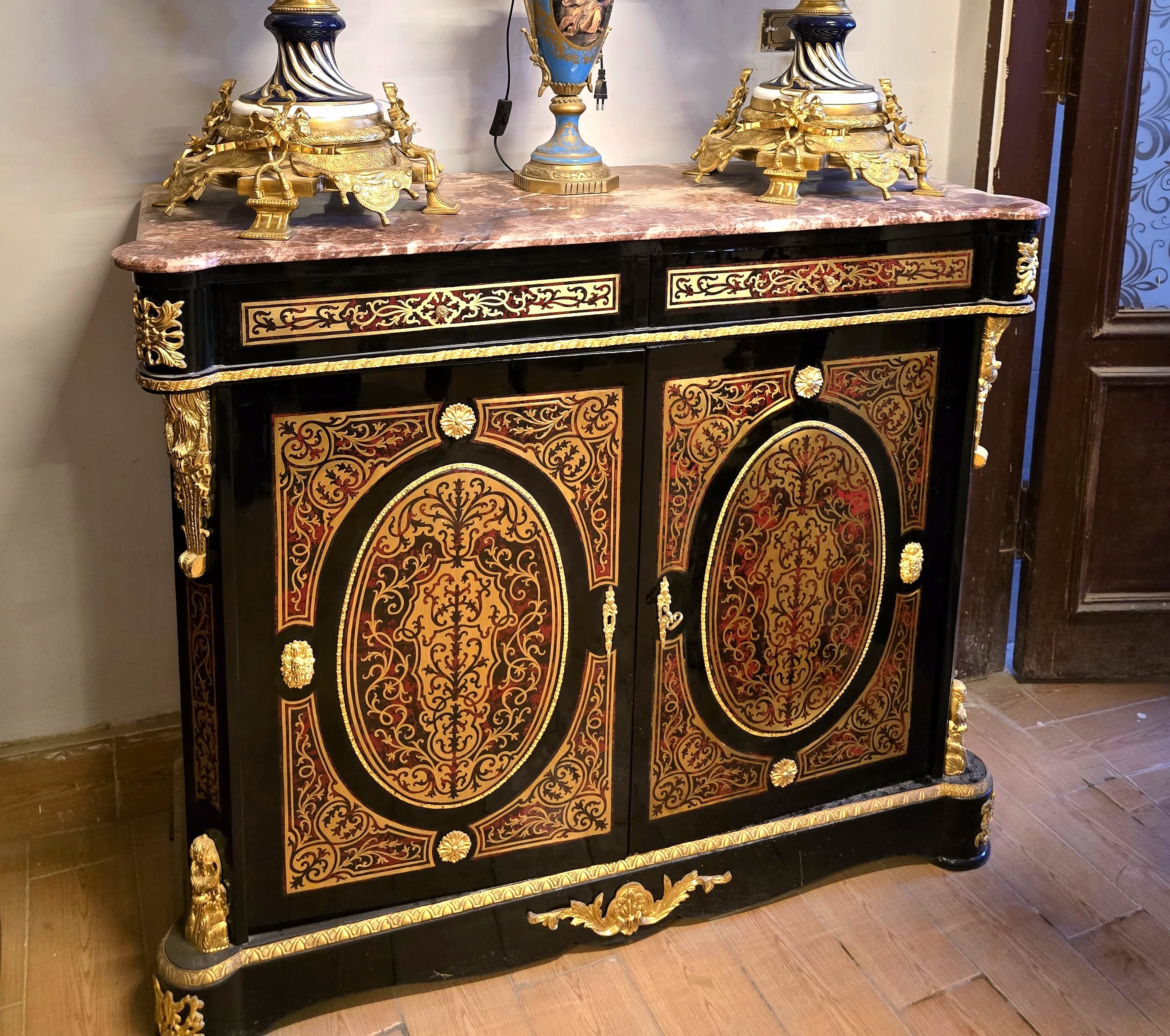 Gothic Revival Display Cabinet – Ornate Black Finish, Marble Top & Gold Leaf Accents