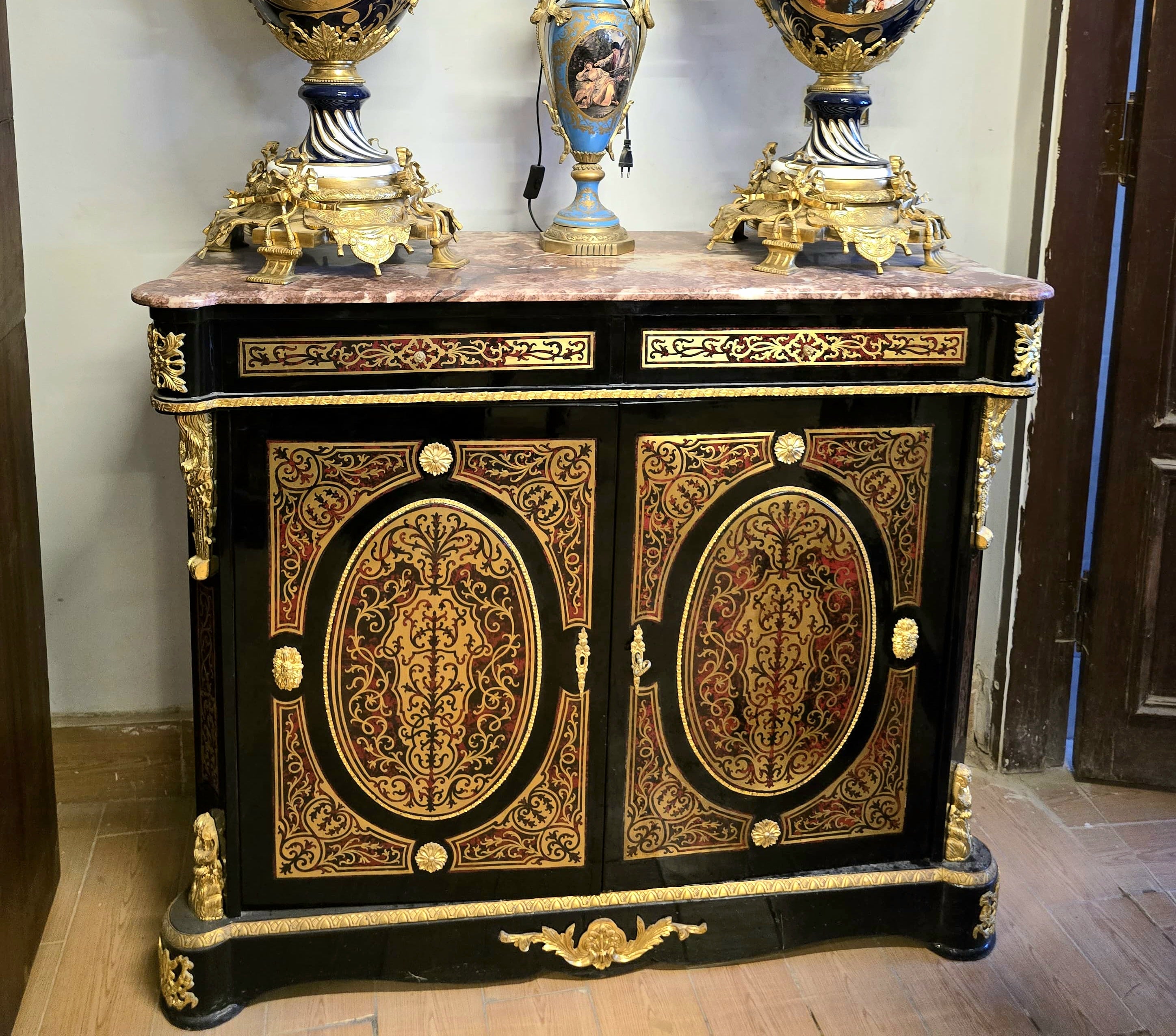 Gothic Revival Display Cabinet – Ornate Black Finish, Marble Top & Gold Leaf Accents