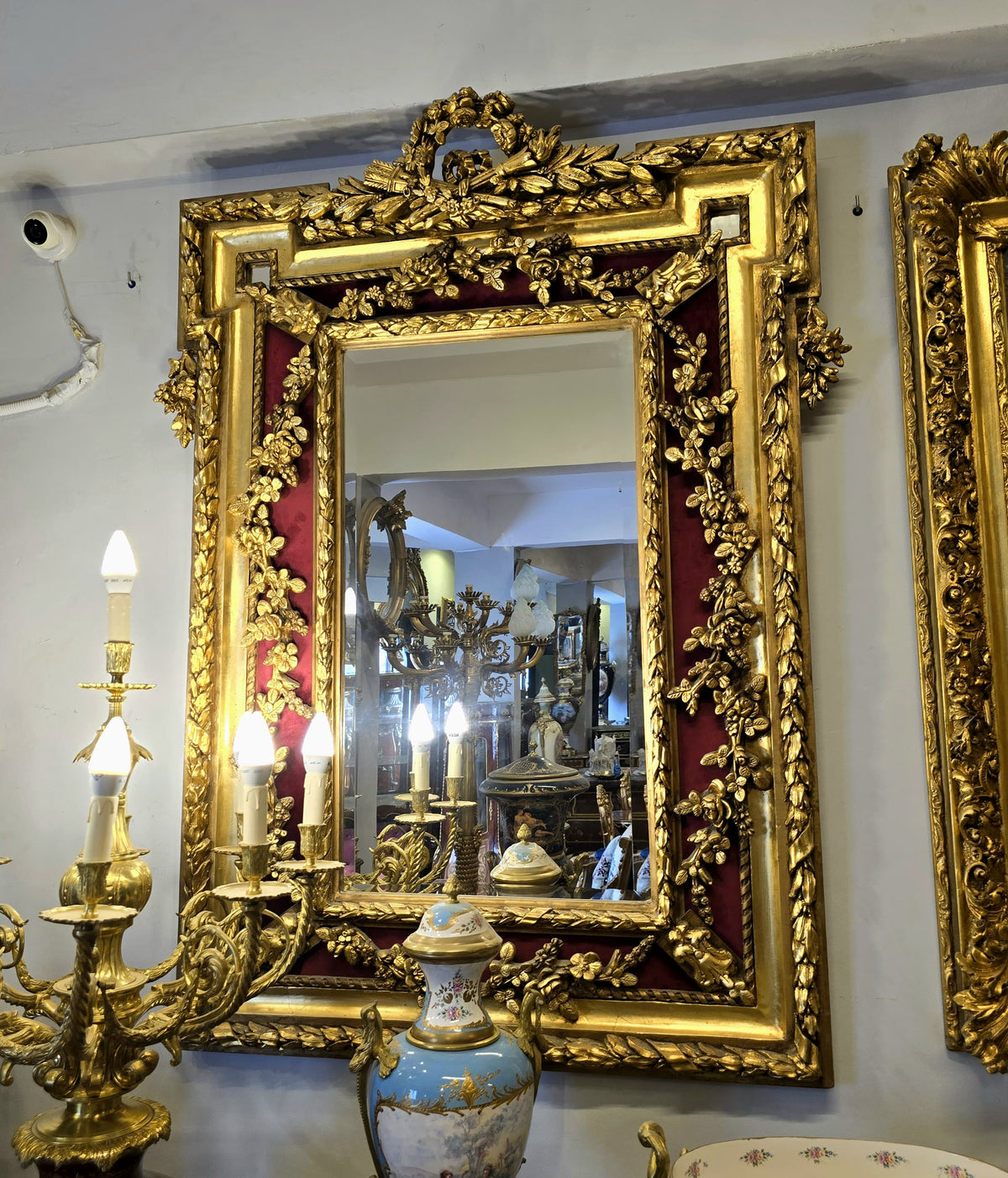Grand Antique-Style Gilt Gold Leaf & Bronze Mirror with Carved Floral and Velvet Details