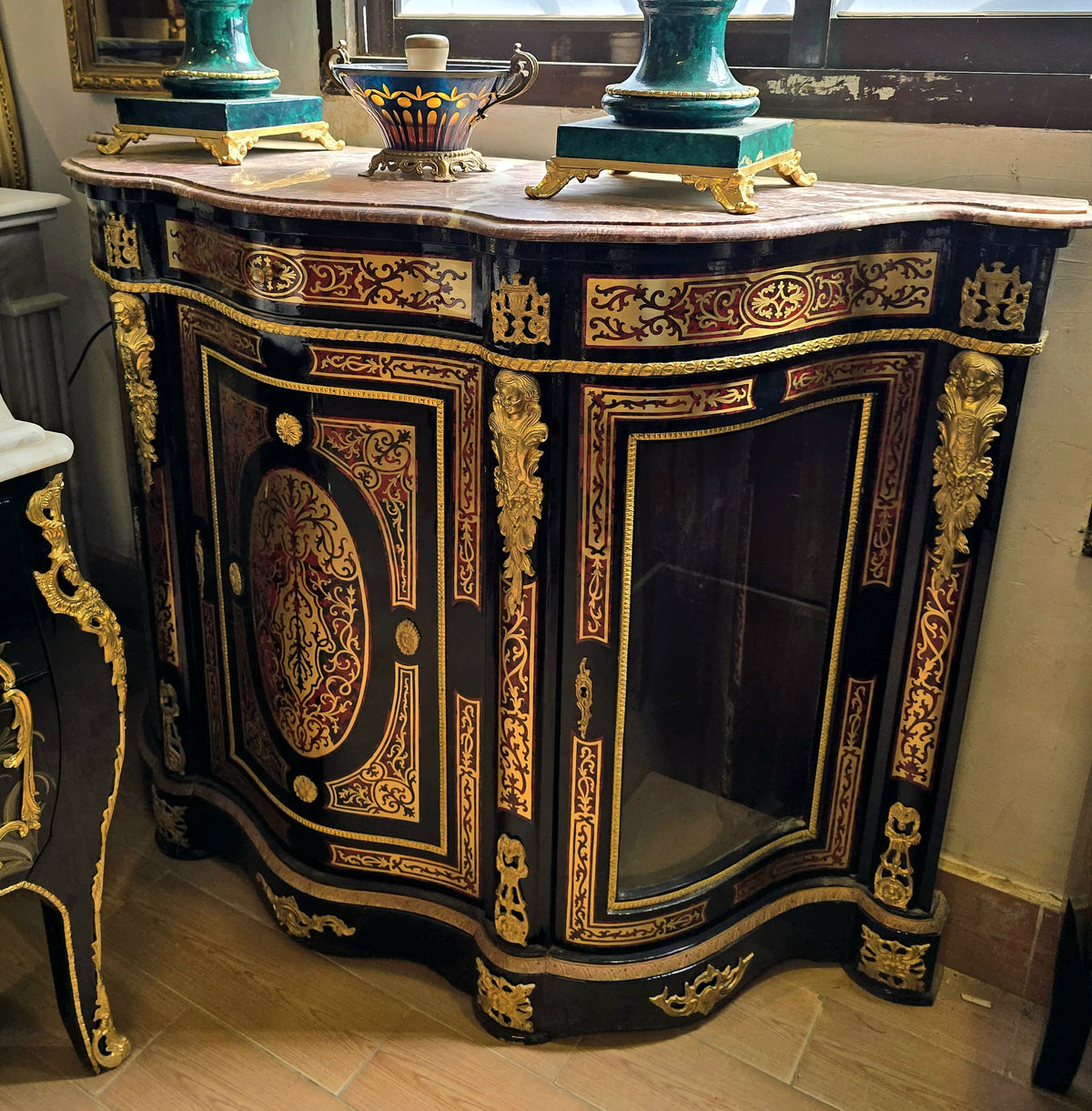 Grand Black French Louis XVI Curio Cabinet – Marble Top, Glass Side Panels & Hand-Gilded Details