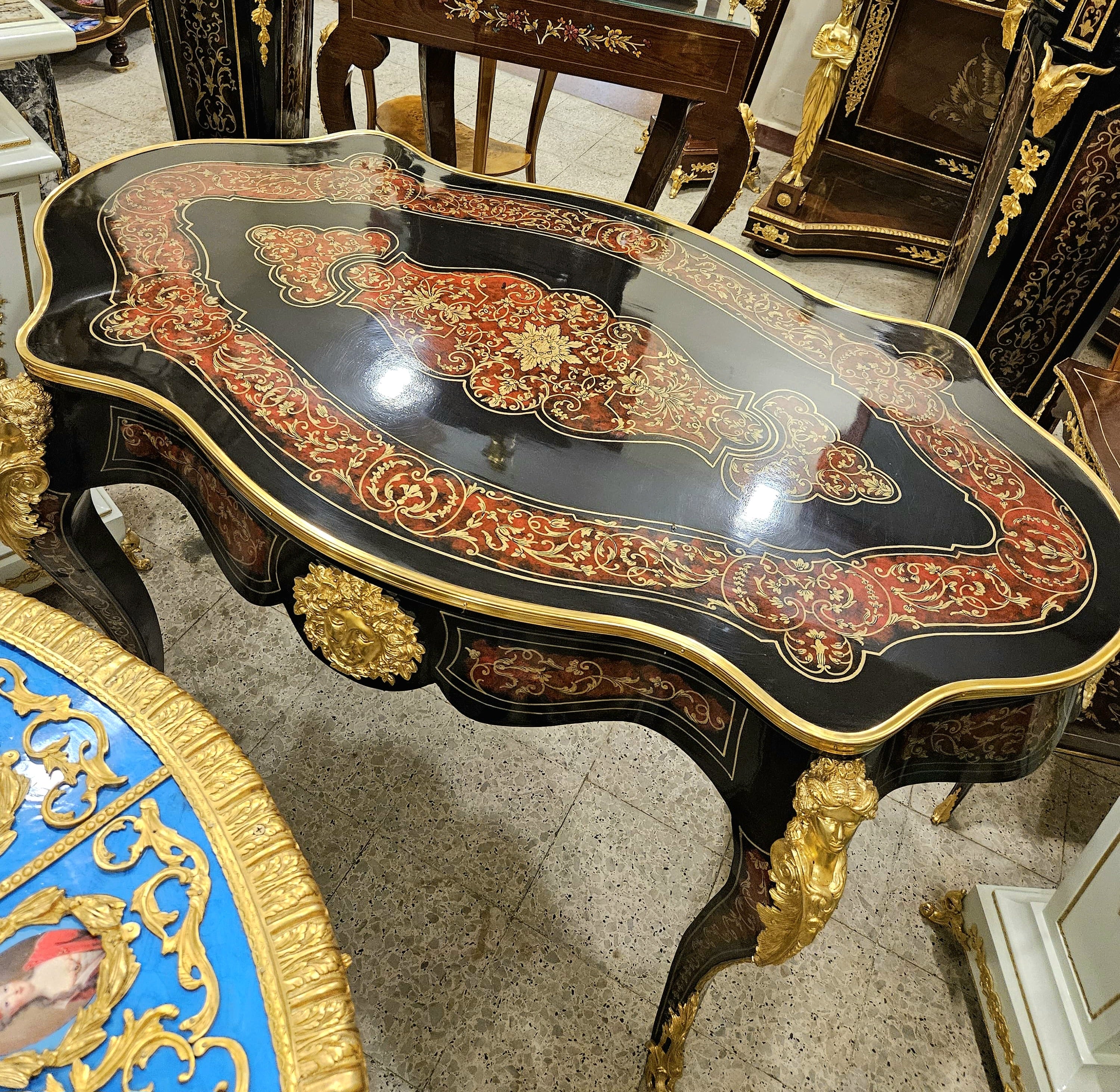 Grand French Louis XV Style Writing Table – Unique Wood Top with Gold Leaf, Bronze & Ornate Inlay