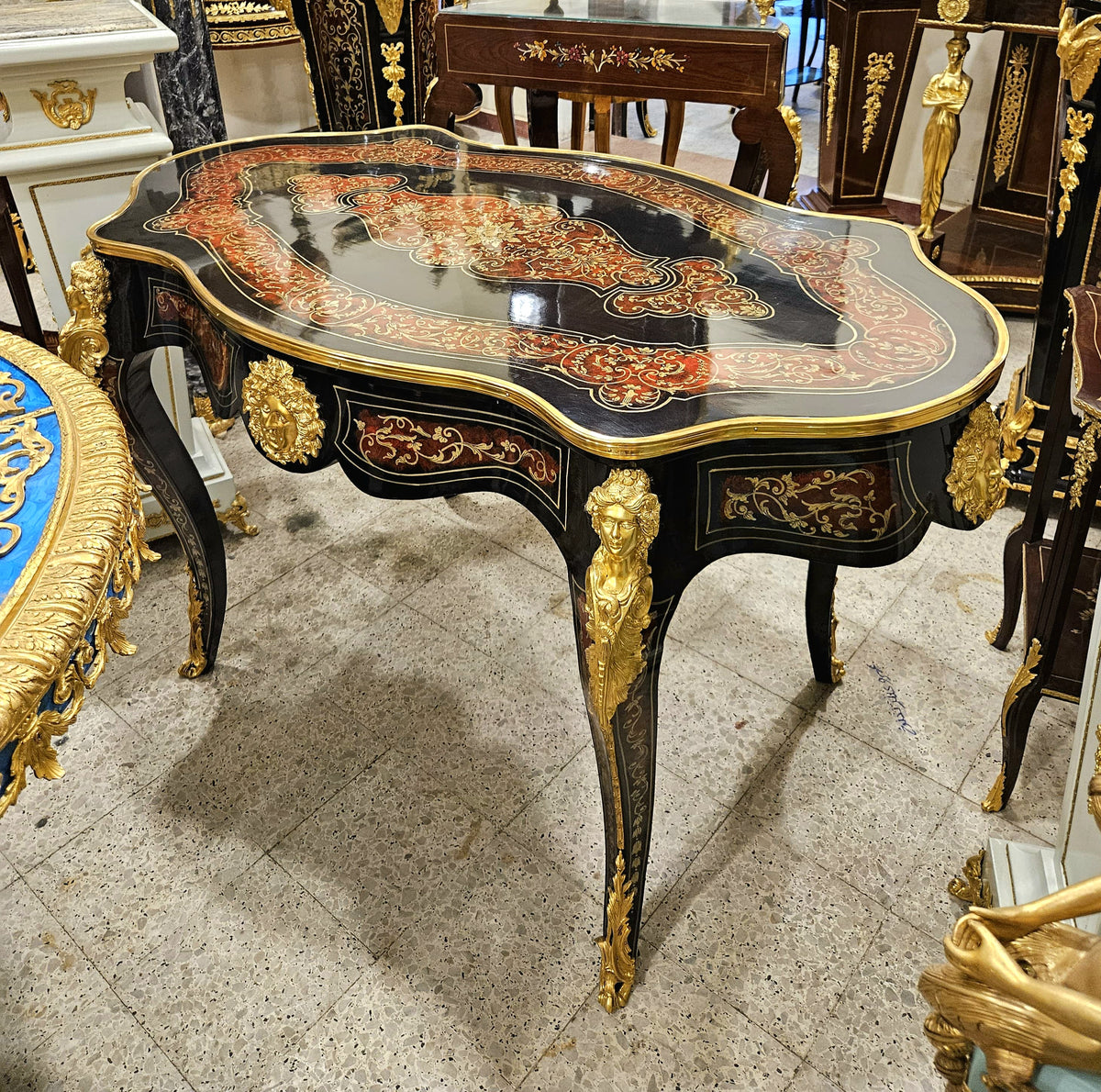 Grand French Louis XV Style Writing Table – Unique Wood Top with Gold Leaf, Bronze & Ornate Inlay