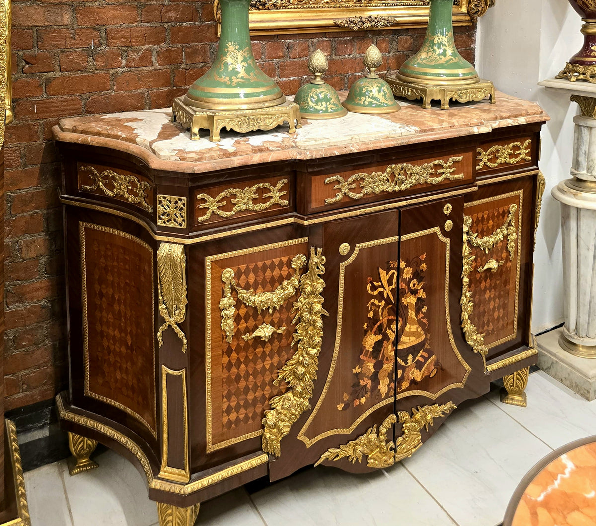 Grand French Louis XVI Sideboard Cabinet – Marble Top, Floral Marquetry, Bronze Ormolu & Hand-Gilded Gold Leaf Details