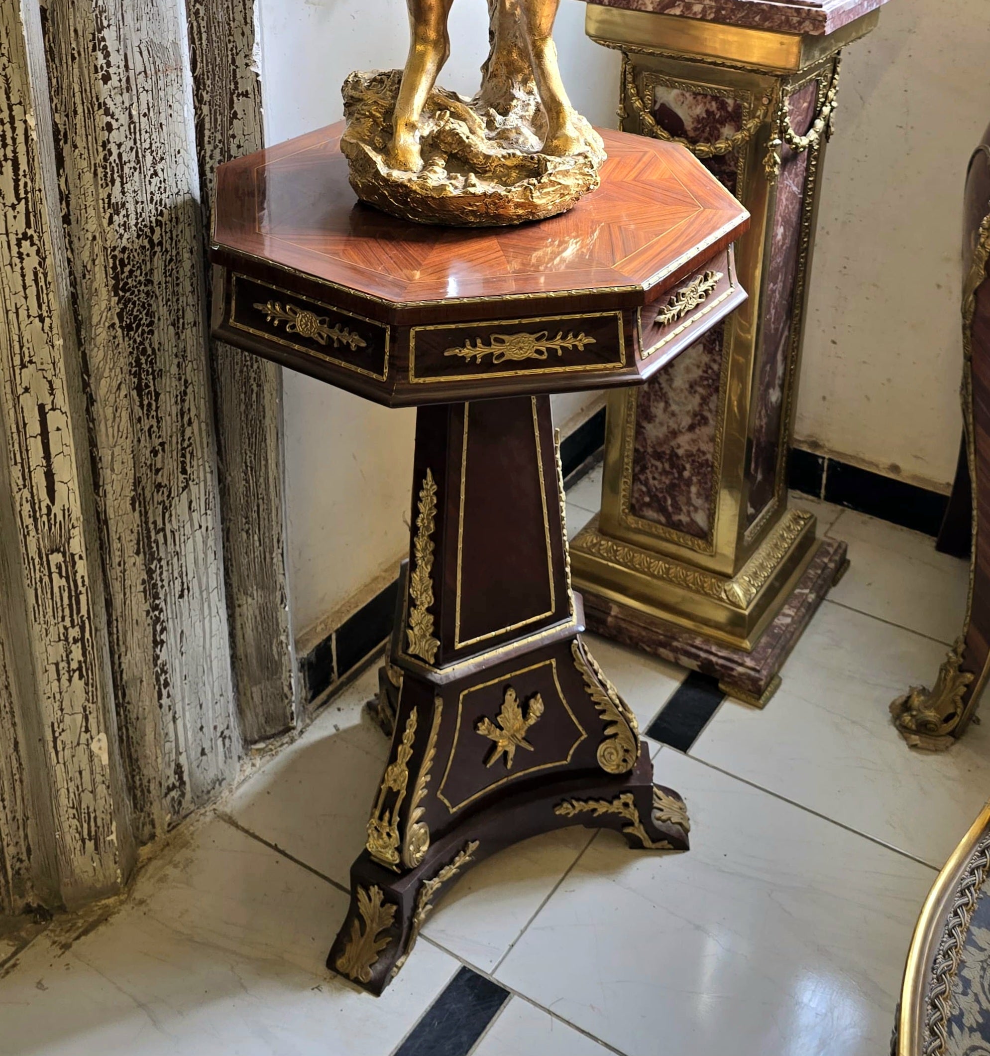 French Style Geometric Pedestal Side Table – Marble Top with Gold Leaf Ormolu Details