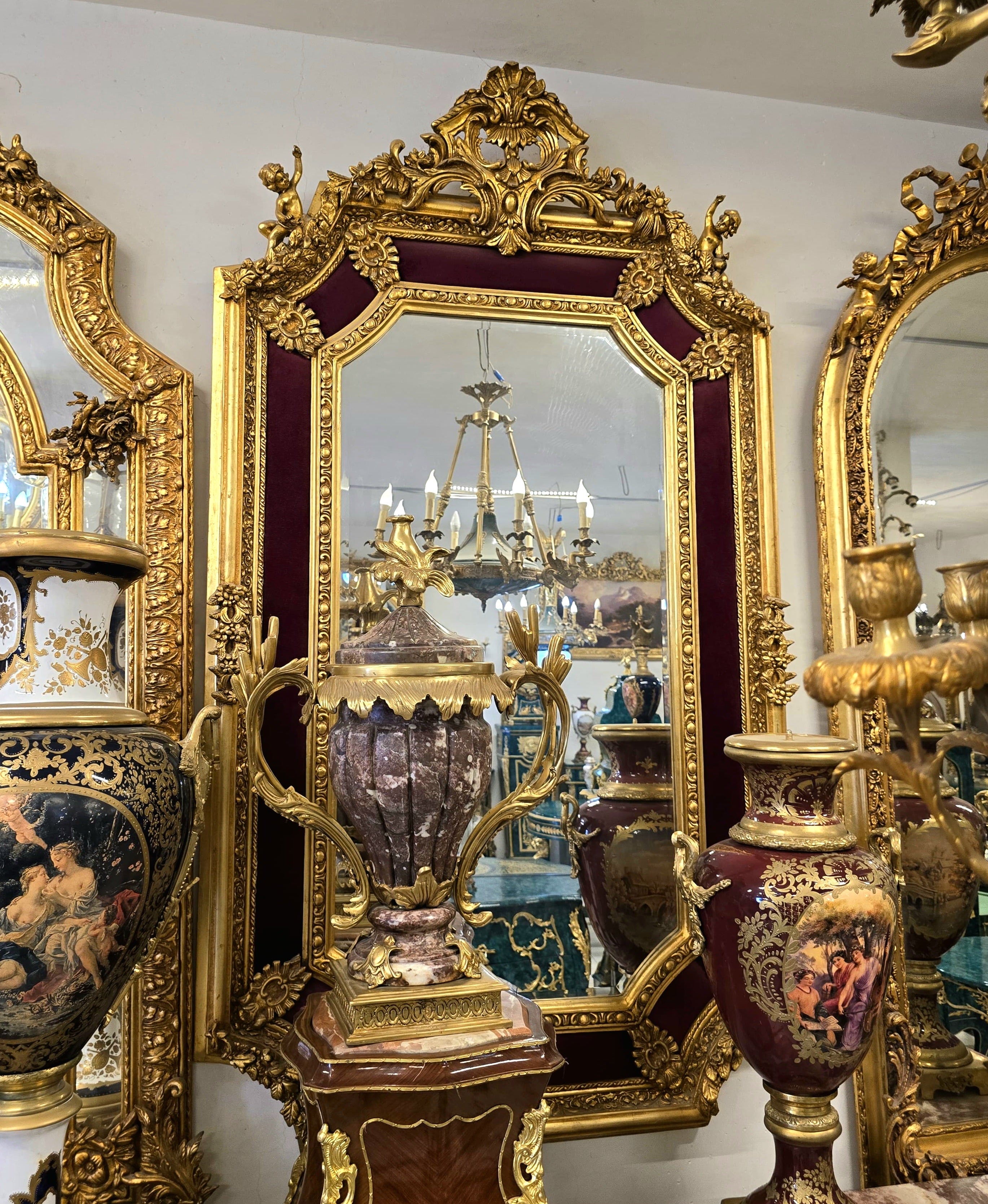 French Baroque Gold Leaf Mirror – Ornate Burgundy Velvet Frame with Floral Details