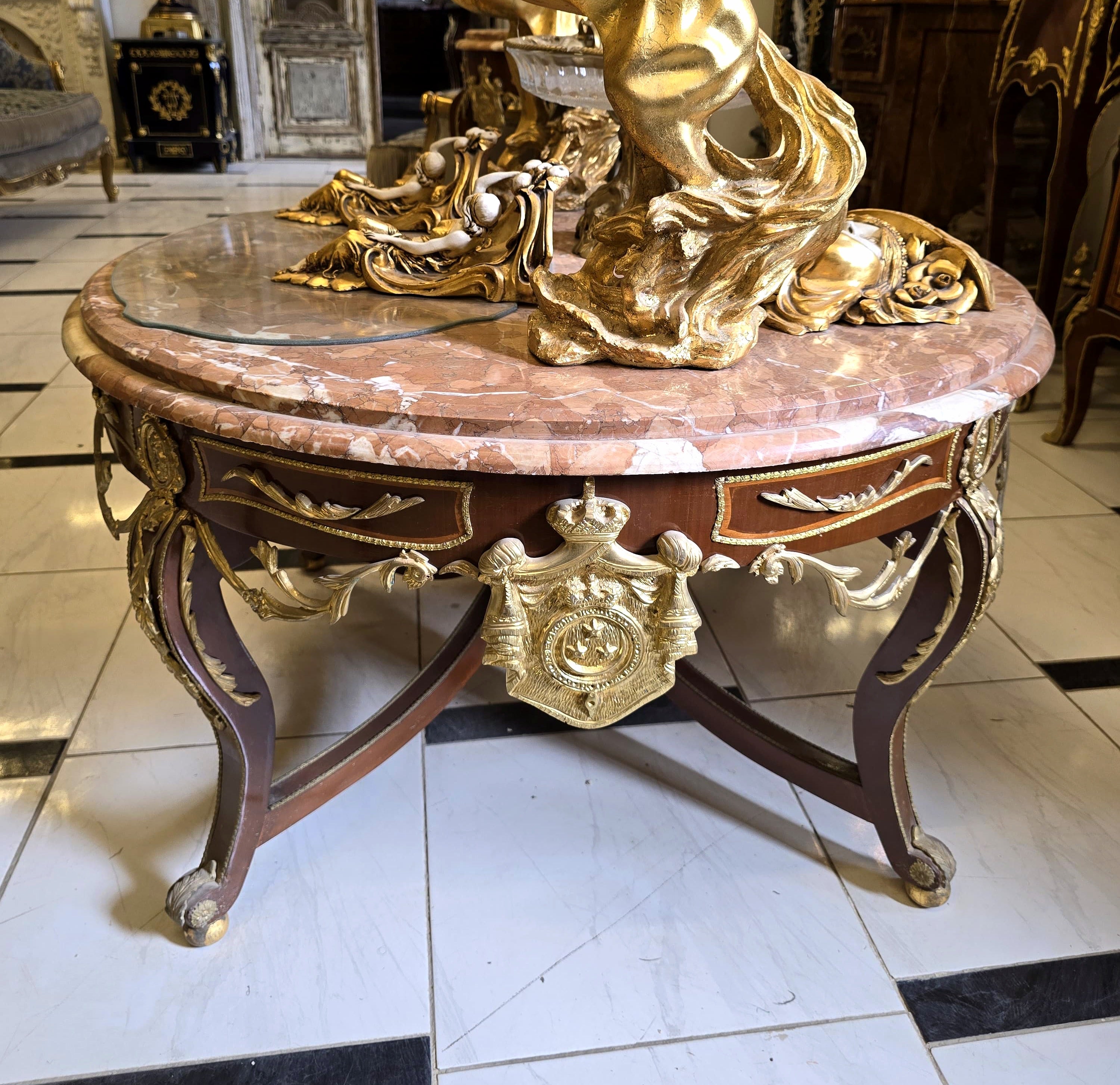 Elegant Victorian French Center Table – Gold Leaf Wood Base with Glass Top & Marble Look Design