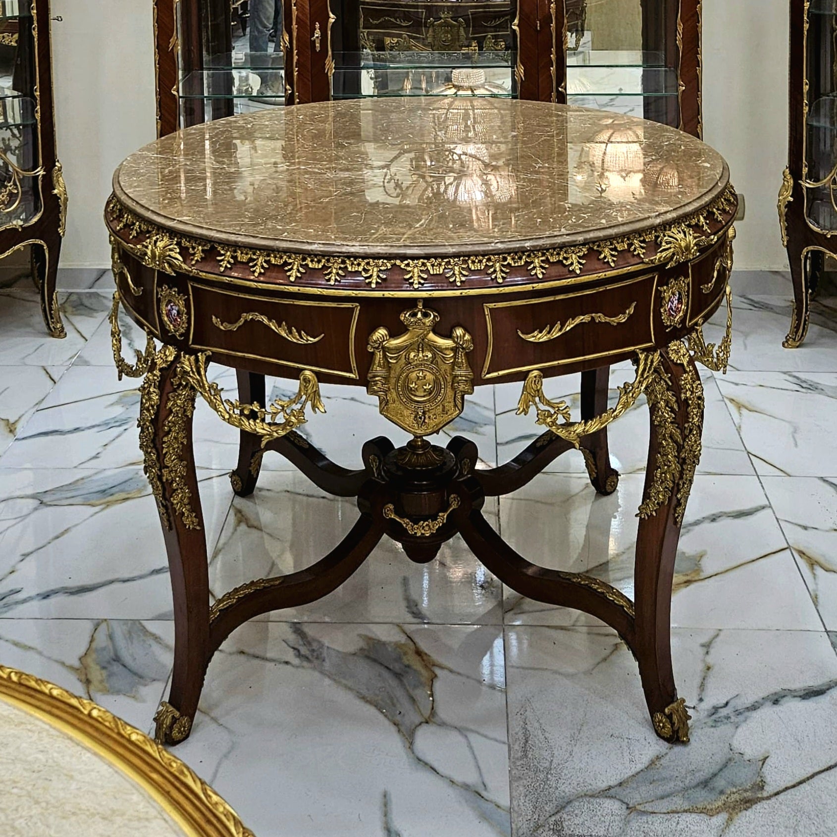 Elegant French Center Table – Marble Look Design with Glass Top & Gold Leaf Details