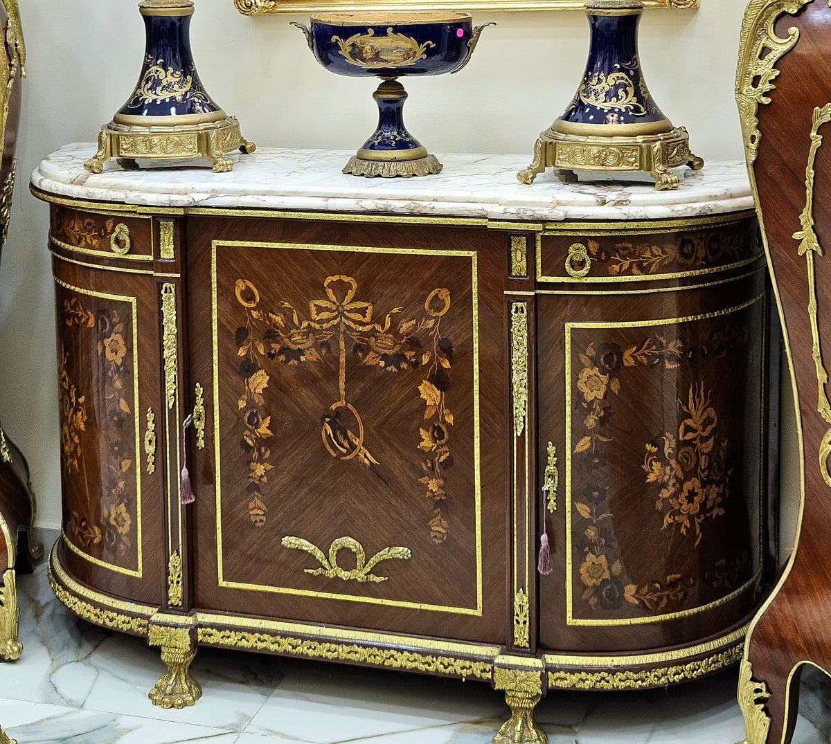 Grand French Louis XVI Commode – Floral Marquetry, Marble Top, Gold Leaf Details & Spacious Cabinet