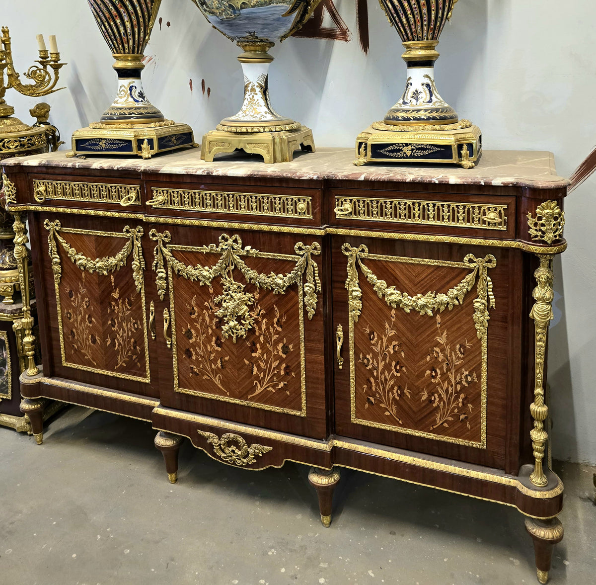 Grand French Louis XVI Style Sideboard – Wood, Gold Leaf & Bronze Details with Marble Top