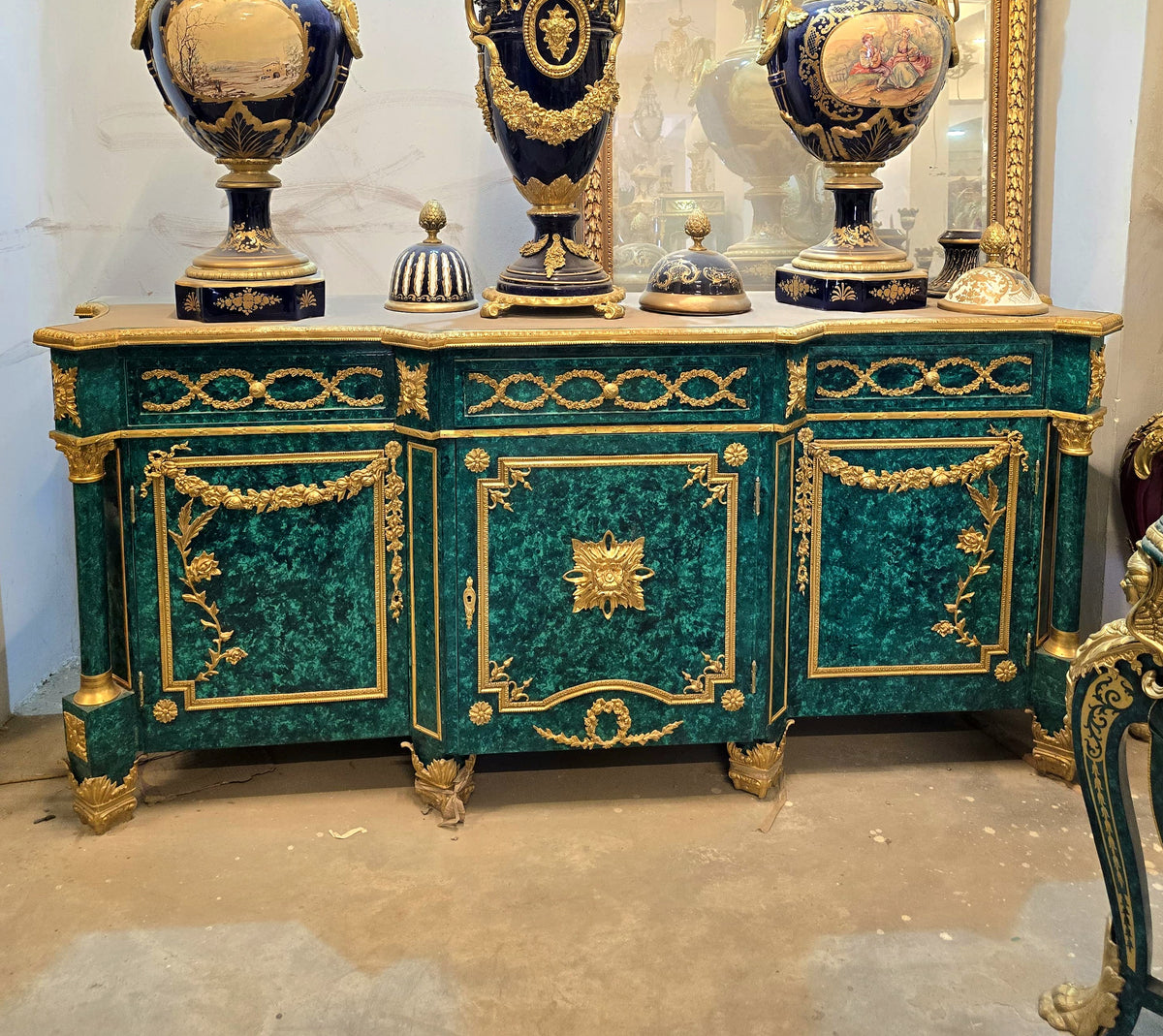 Grand French Louis XVI Style Sideboard – Emerald Green Wood, Gold Leaf & Bronze Details with Marble Top