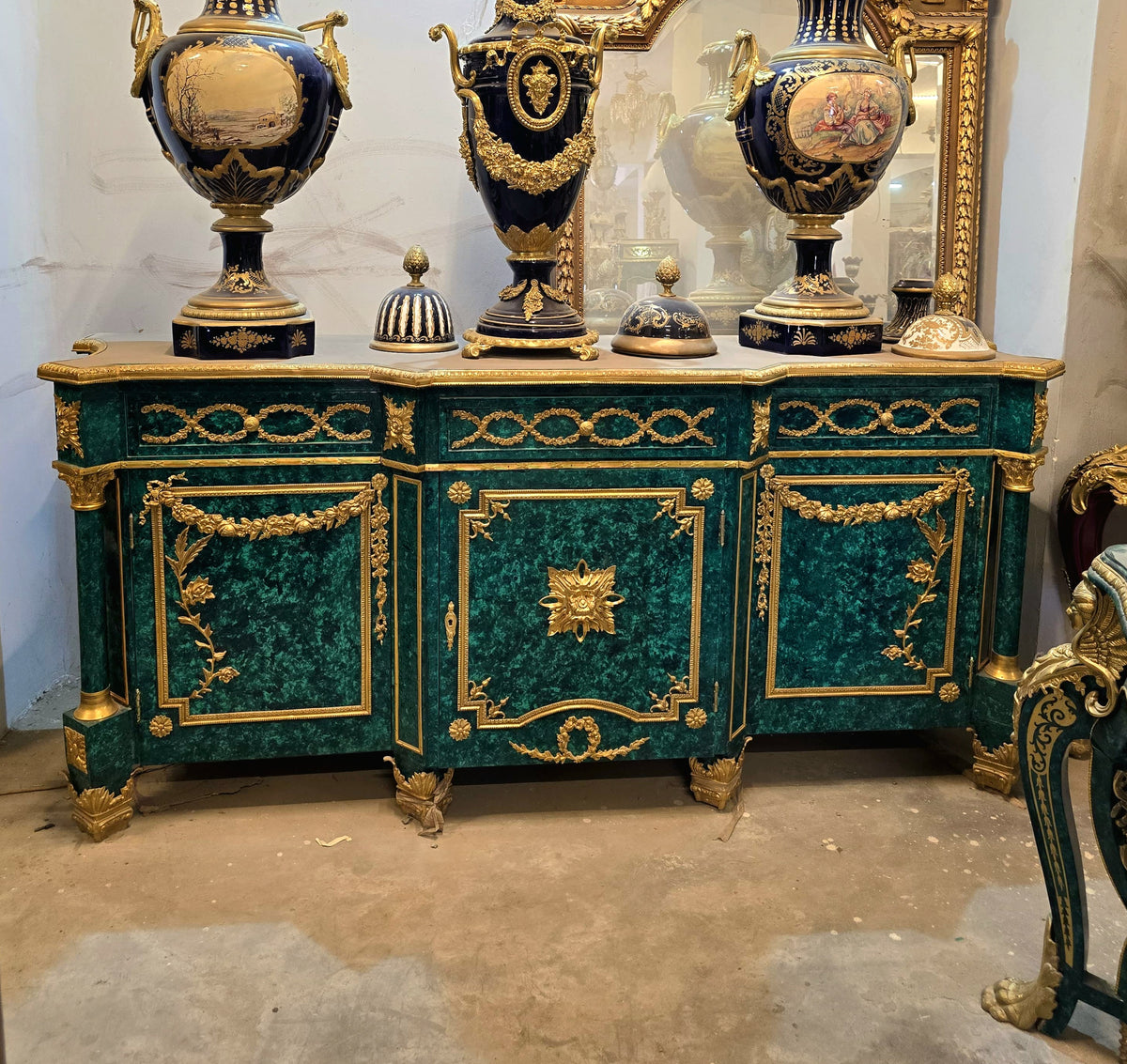 Grand French Louis XVI Style Sideboard – Emerald Green Wood, Gold Leaf & Bronze Details with Marble Top