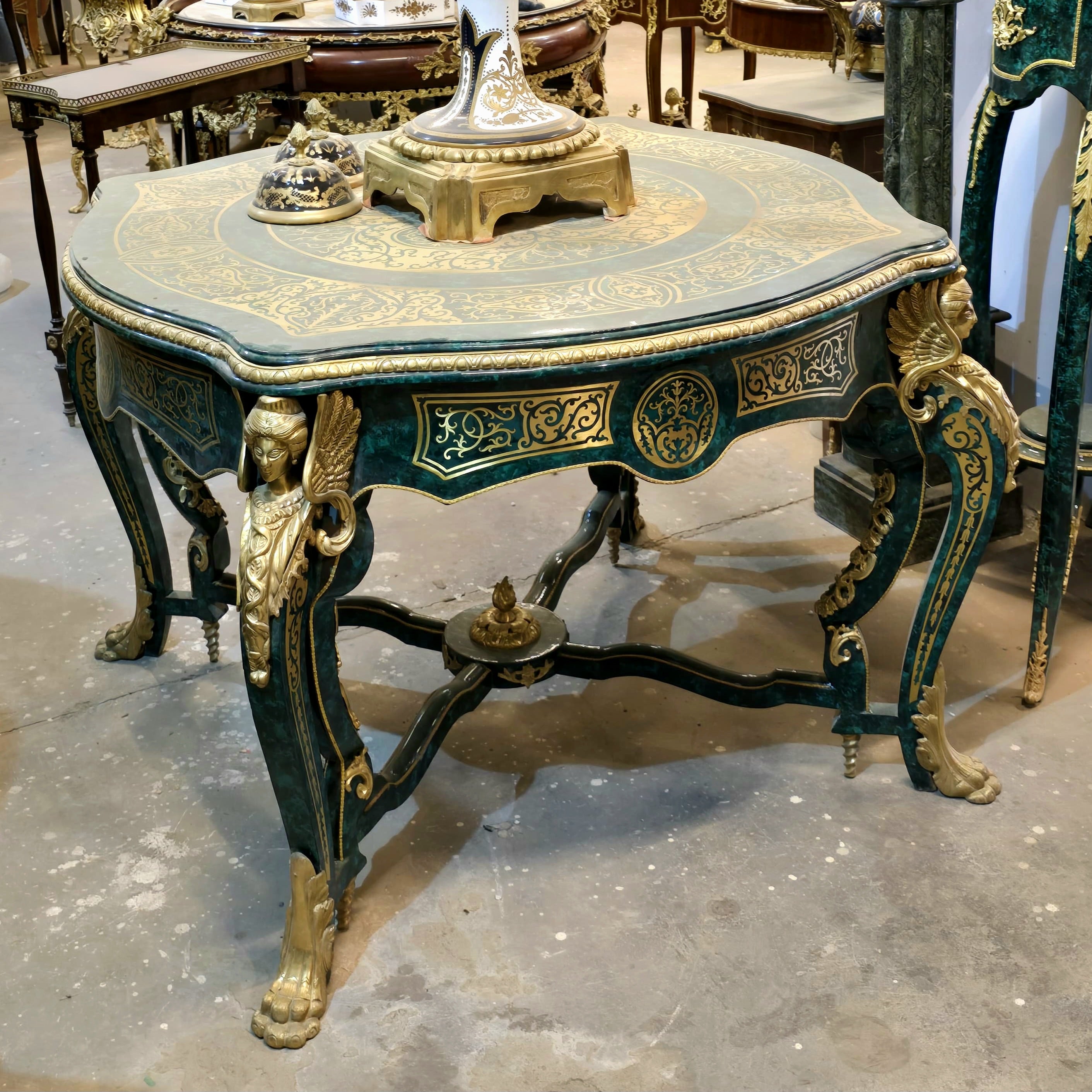 French Louis XV Bottle Green Center Table – Ornate Gold Leaf & Bronze Ormolu Details