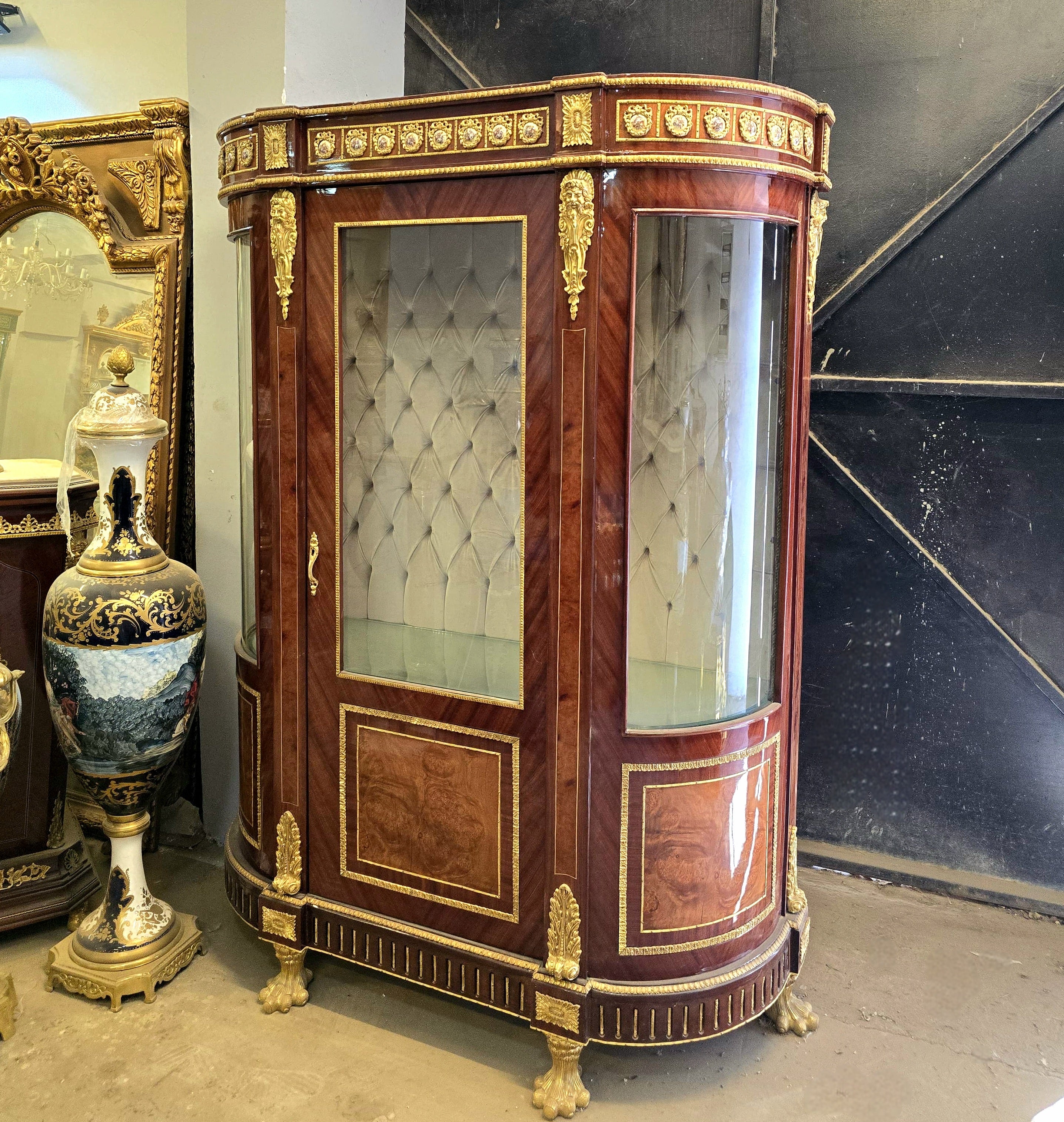 Large French-Style Vitrine Cabinet with Curved Glass Doors, White Velvet Interior & Gilt Bronze Details
