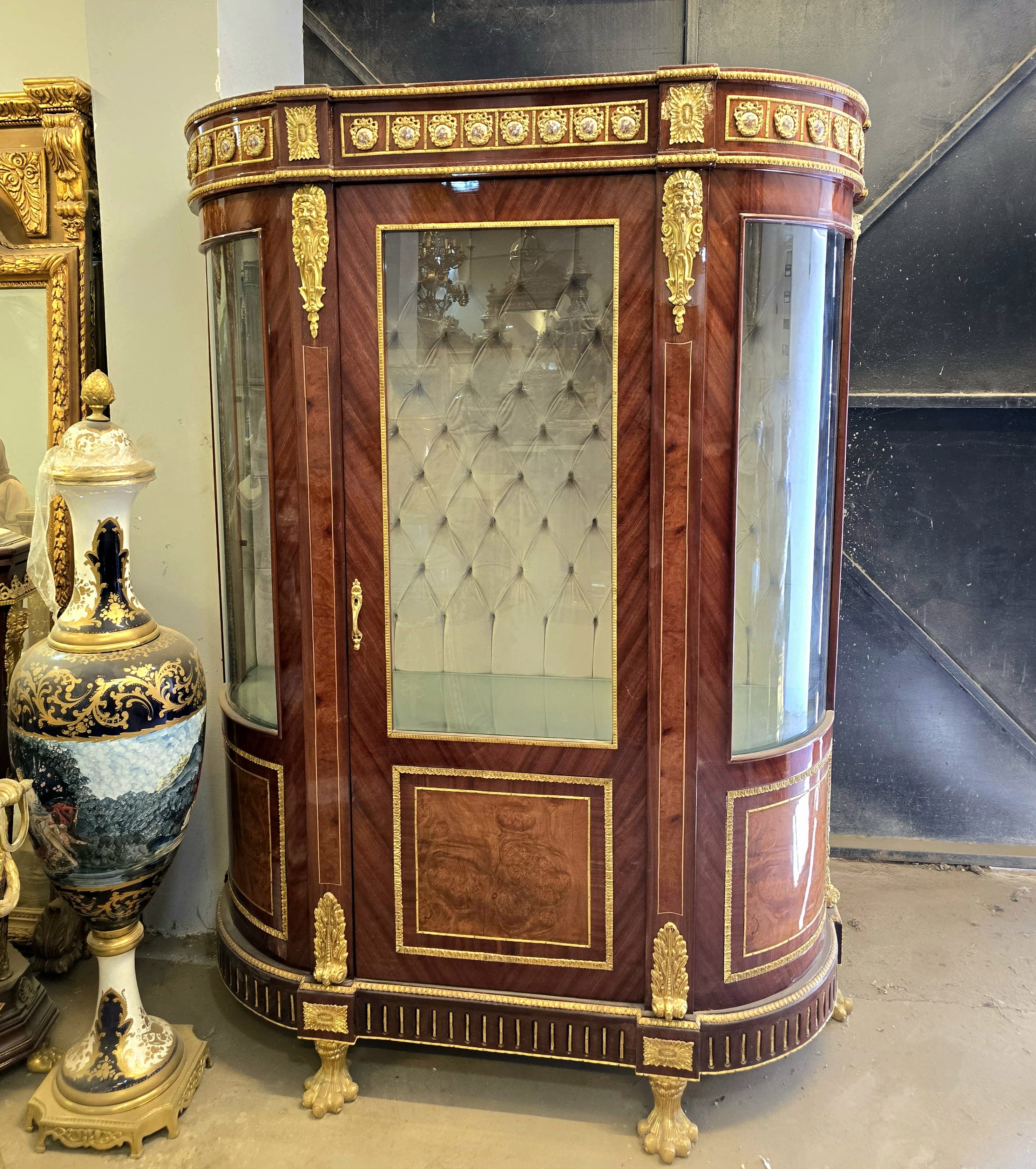 Large French-Style Vitrine Cabinet with Curved Glass Doors, White Velvet Interior & Gilt Bronze Details