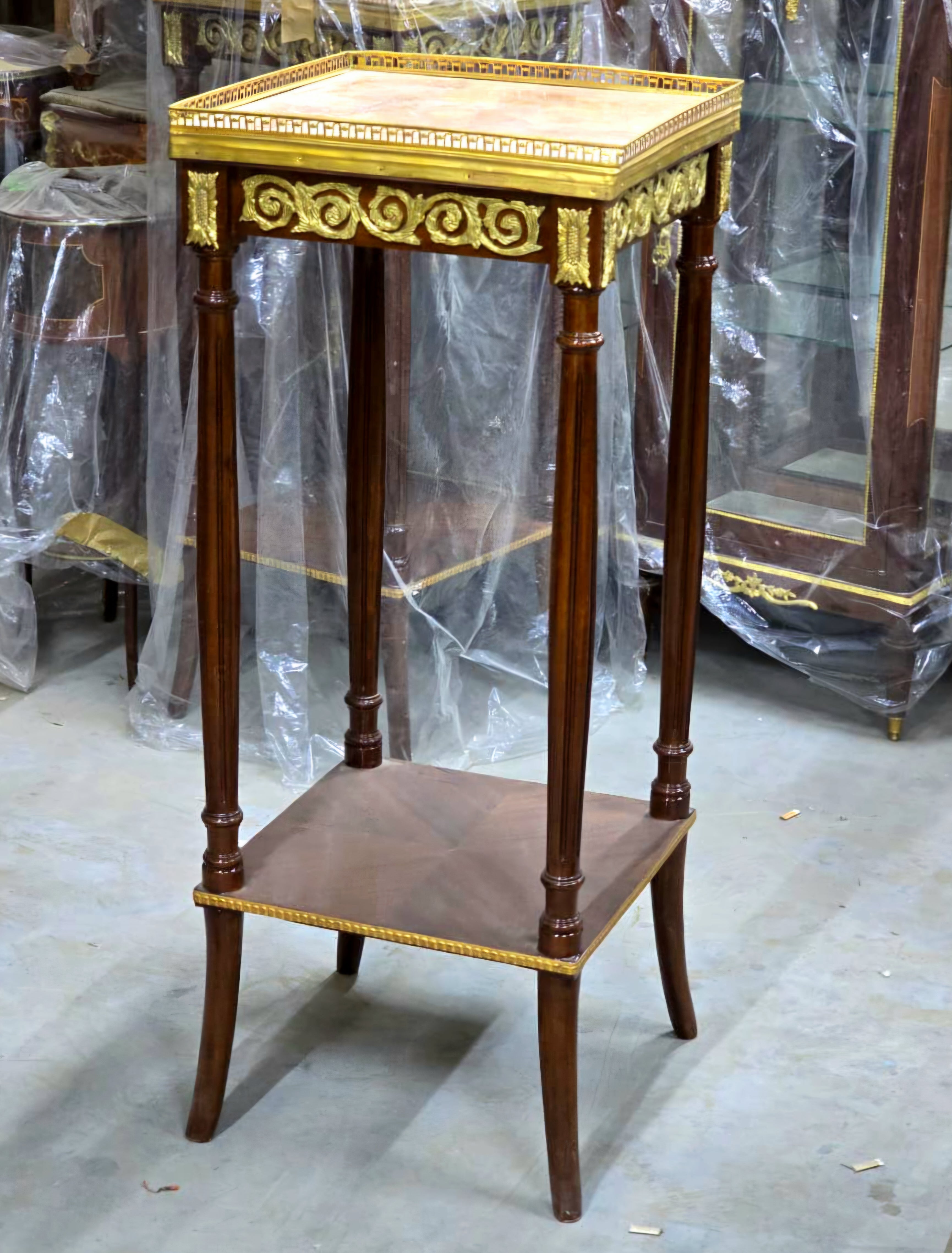 French Louis XVI Square Marble Top Side Table with Hand-Carved Wood Frame, Gold Leaf Accents & Display Shelf