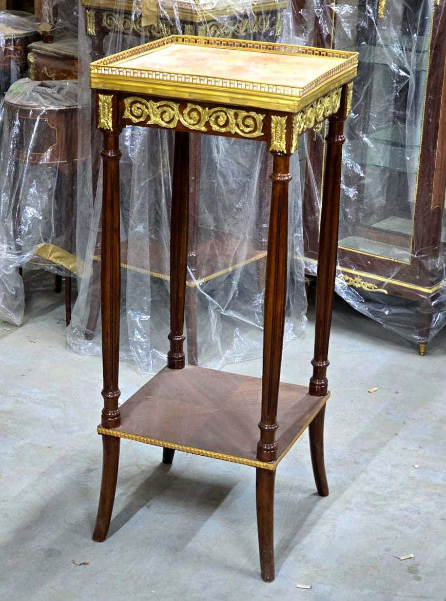 French Louis XVI Square Marble Top Side Table with Hand-Carved Wood Frame, Gold Leaf Accents & Display Shelf