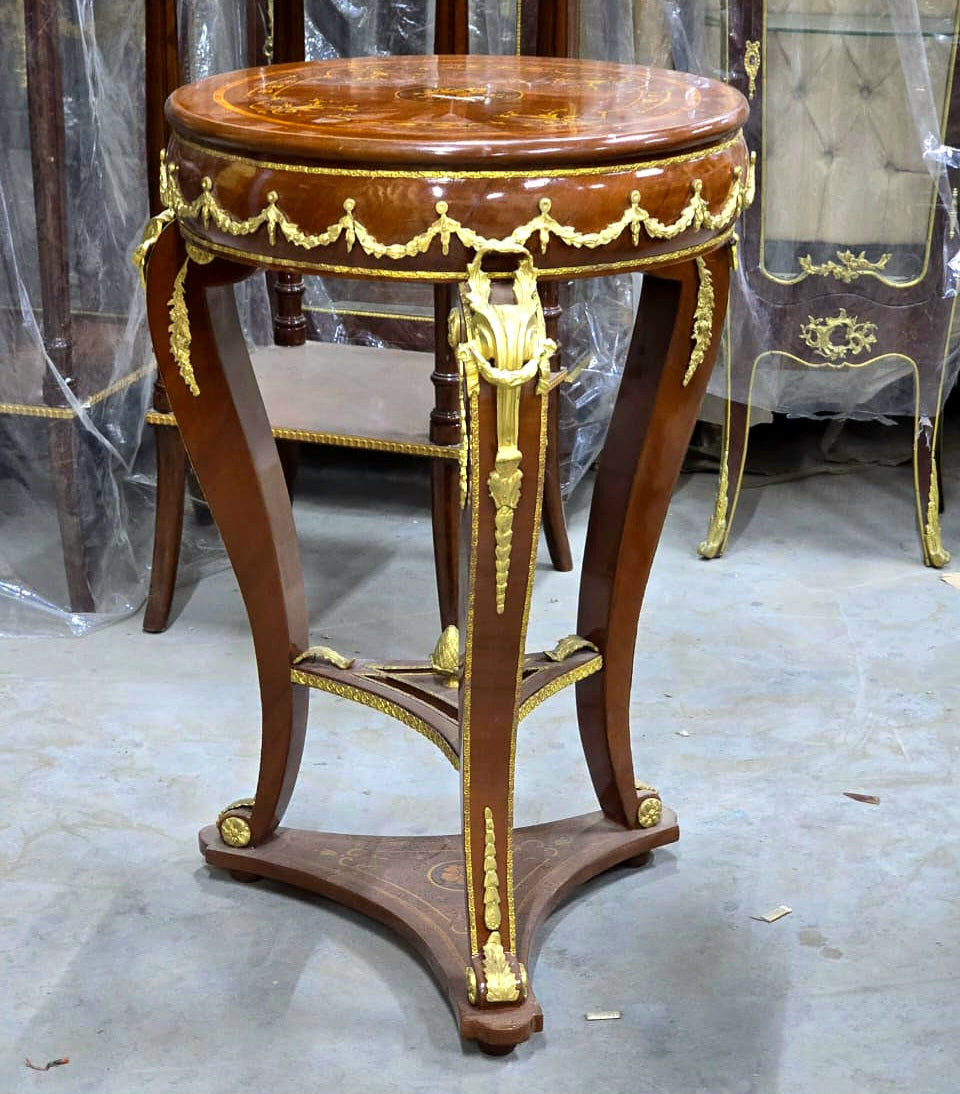 French Empire Round Side Table with Hand-Carved Wood Frame, Gold Leaf Accents & Marquetry Top