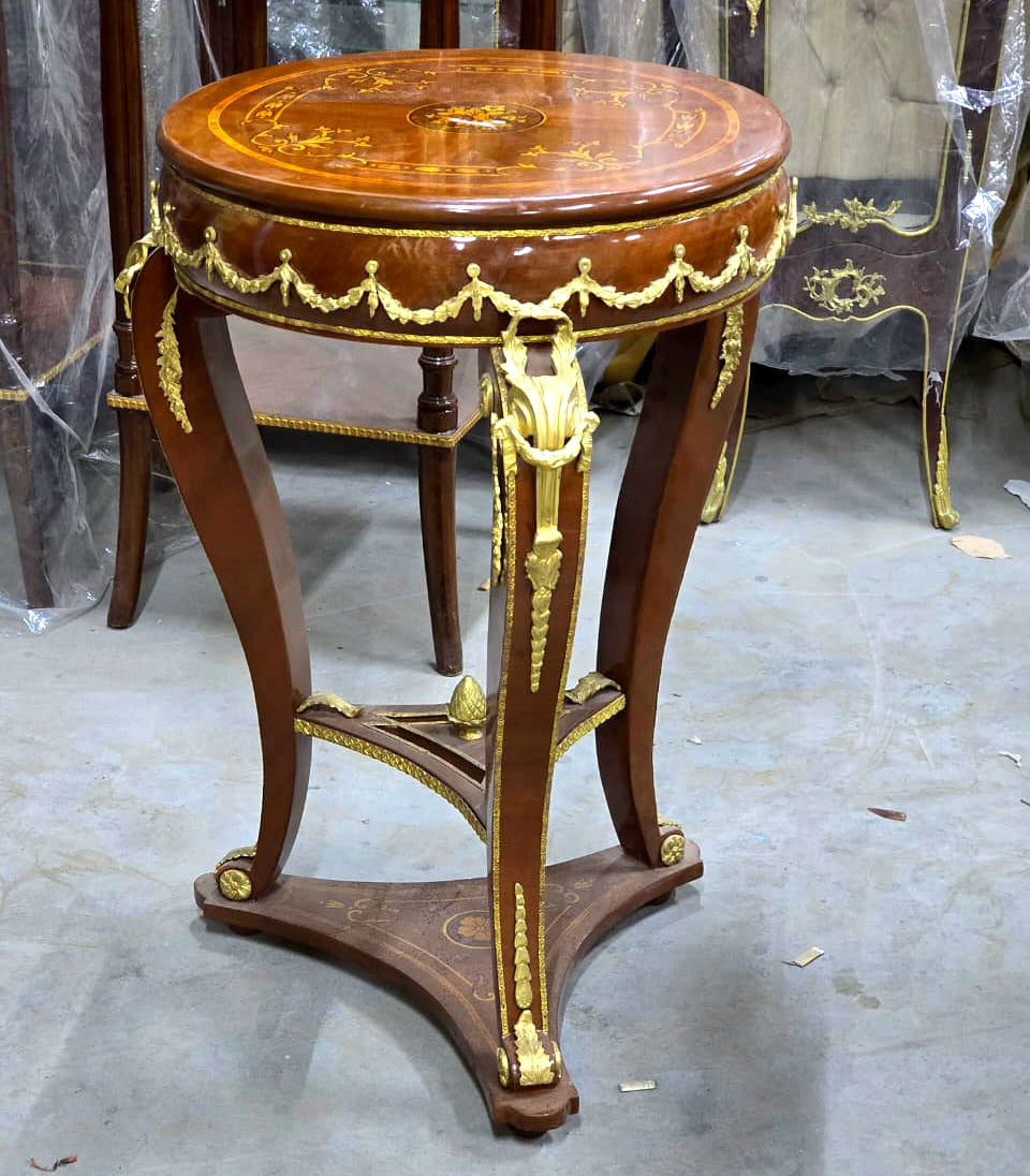 French Empire Round Side Table with Hand-Carved Wood Frame, Gold Leaf Accents & Marquetry Top