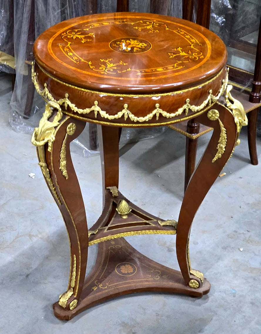 French Empire Round Side Table with Hand-Carved Wood Frame, Gold Leaf Accents & Marquetry Top