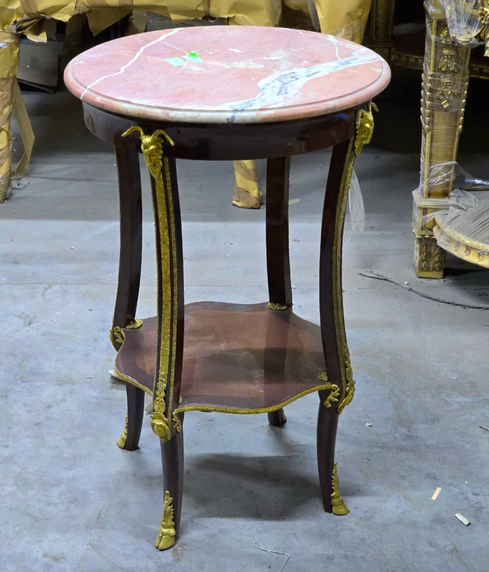 Classic French Louis XVI Marble Accent Table with Cane Shelf & Hand-Applied Gold Leaf