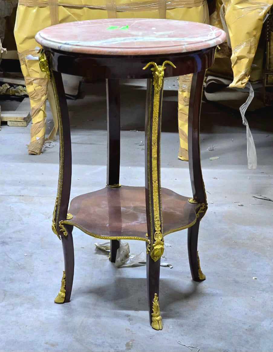 Classic French Louis XVI Marble Accent Table with Cane Shelf & Hand-Applied Gold Leaf