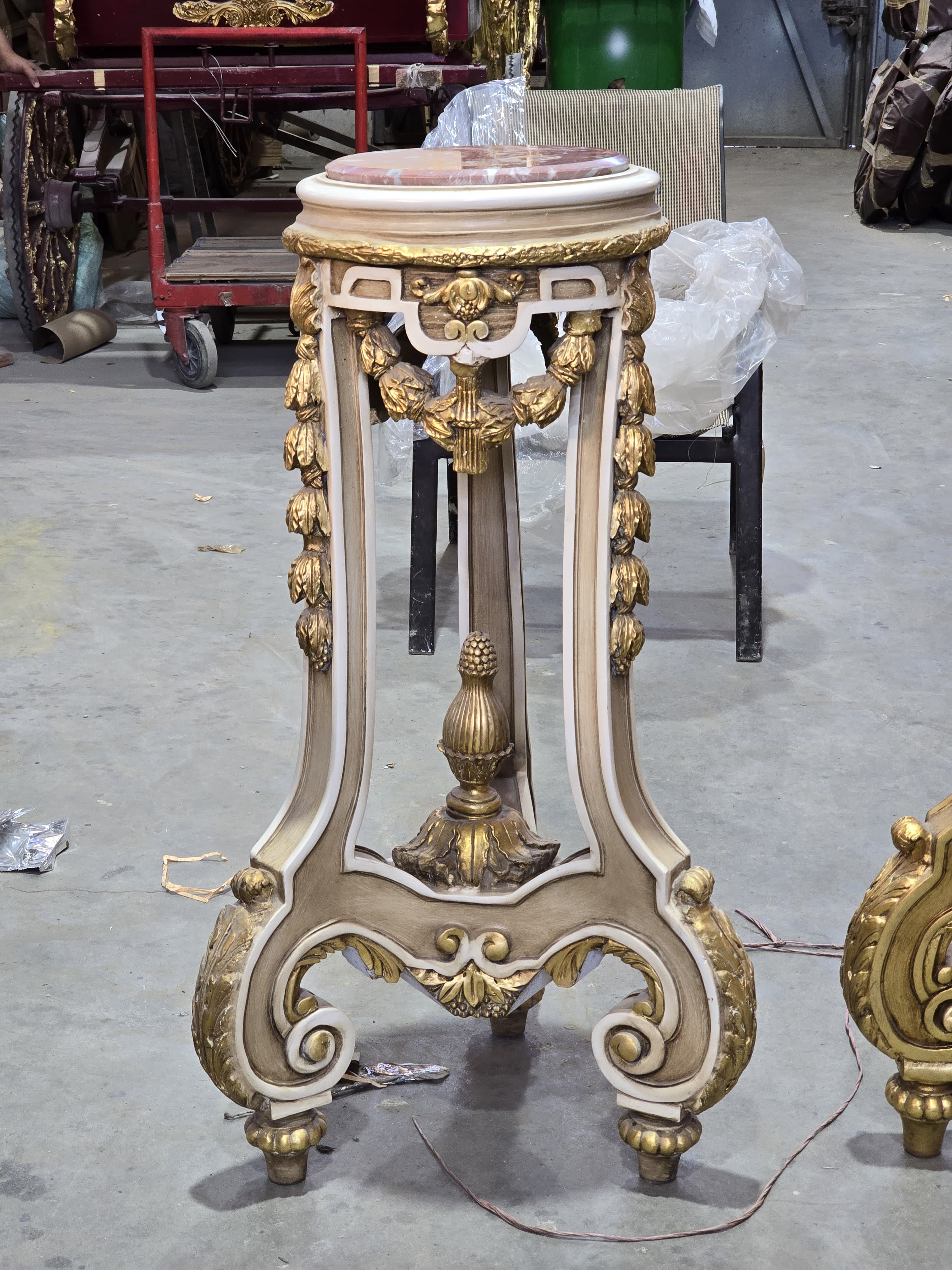 French Baroque Marble-Top Side Table – Ornate Carved Wood with Gold Leaf Details