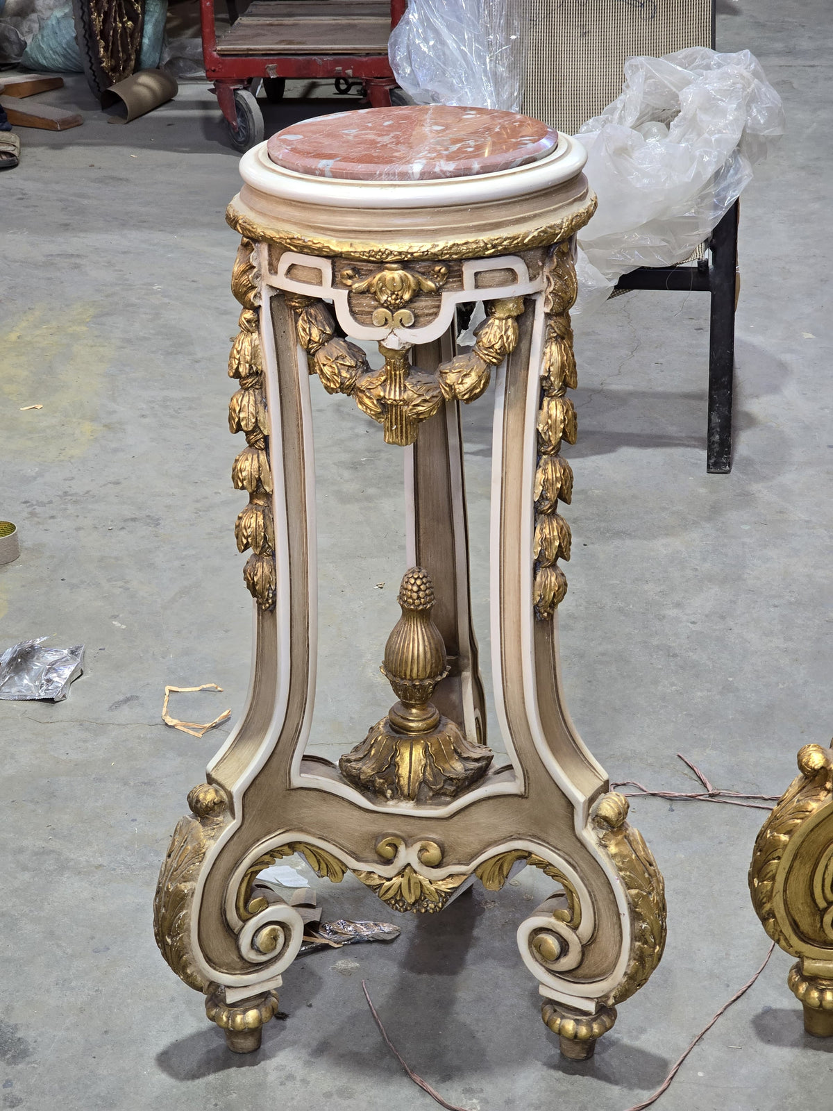 French Baroque Marble-Top Side Table – Ornate Carved Wood with Gold Leaf Details