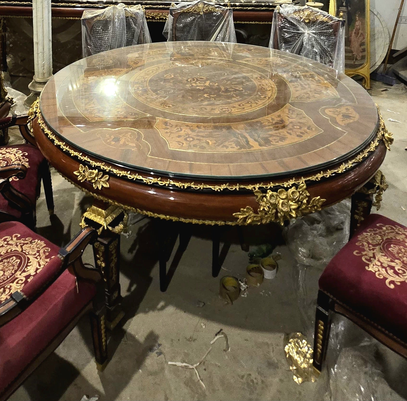 Grand French Style Dining Table – Ornate Gold Leaf & Bronze Details with Glass Top