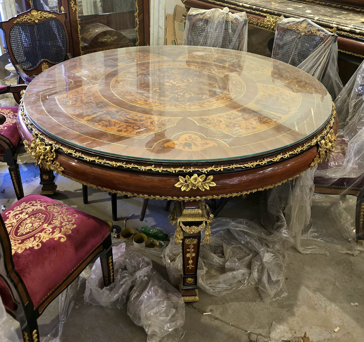 Grand French Style Dining Table – Ornate Gold Leaf & Bronze Details with Glass Top