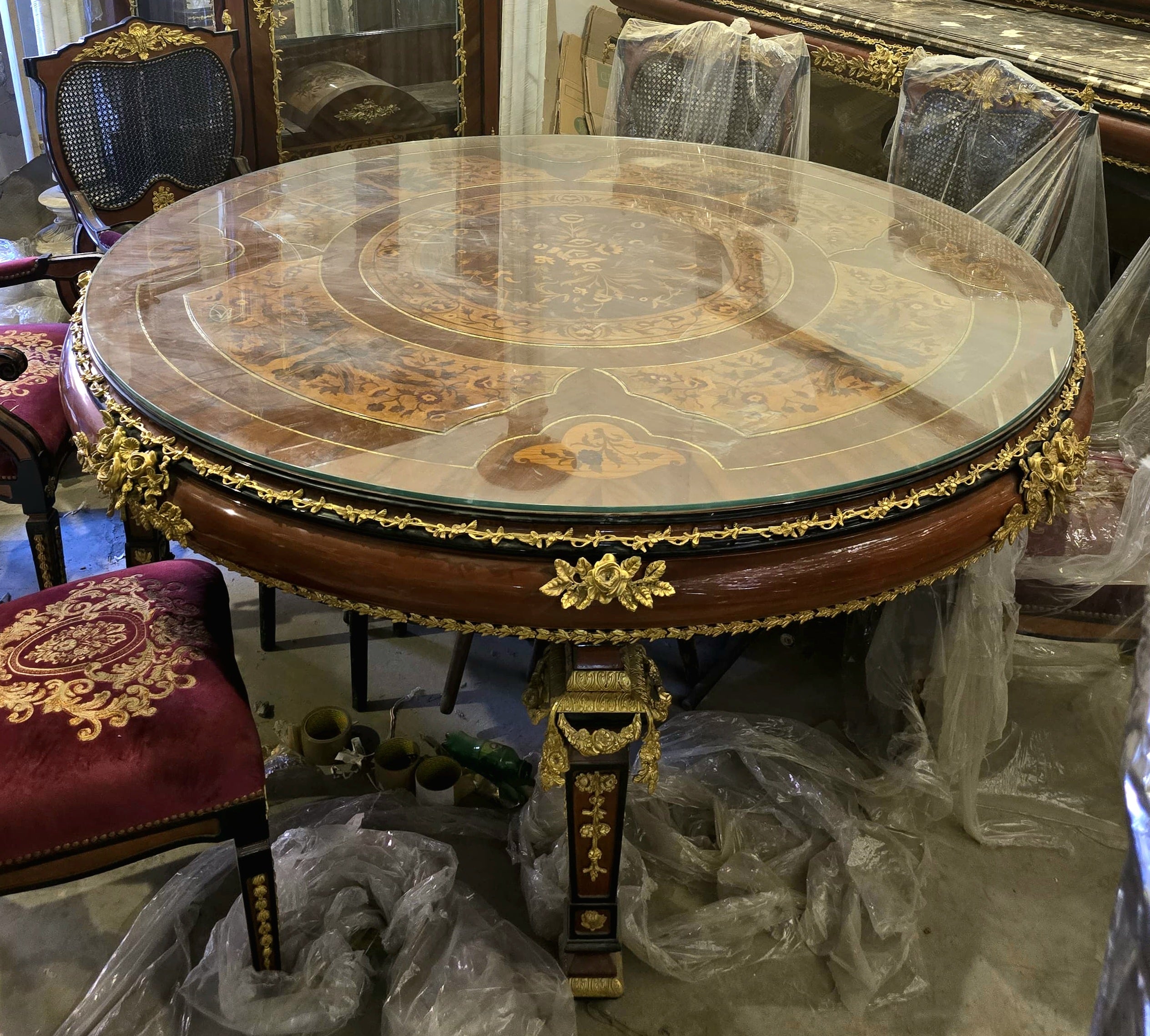 Grand French Style Dining Table – Ornate Gold Leaf & Bronze Details with Glass Top