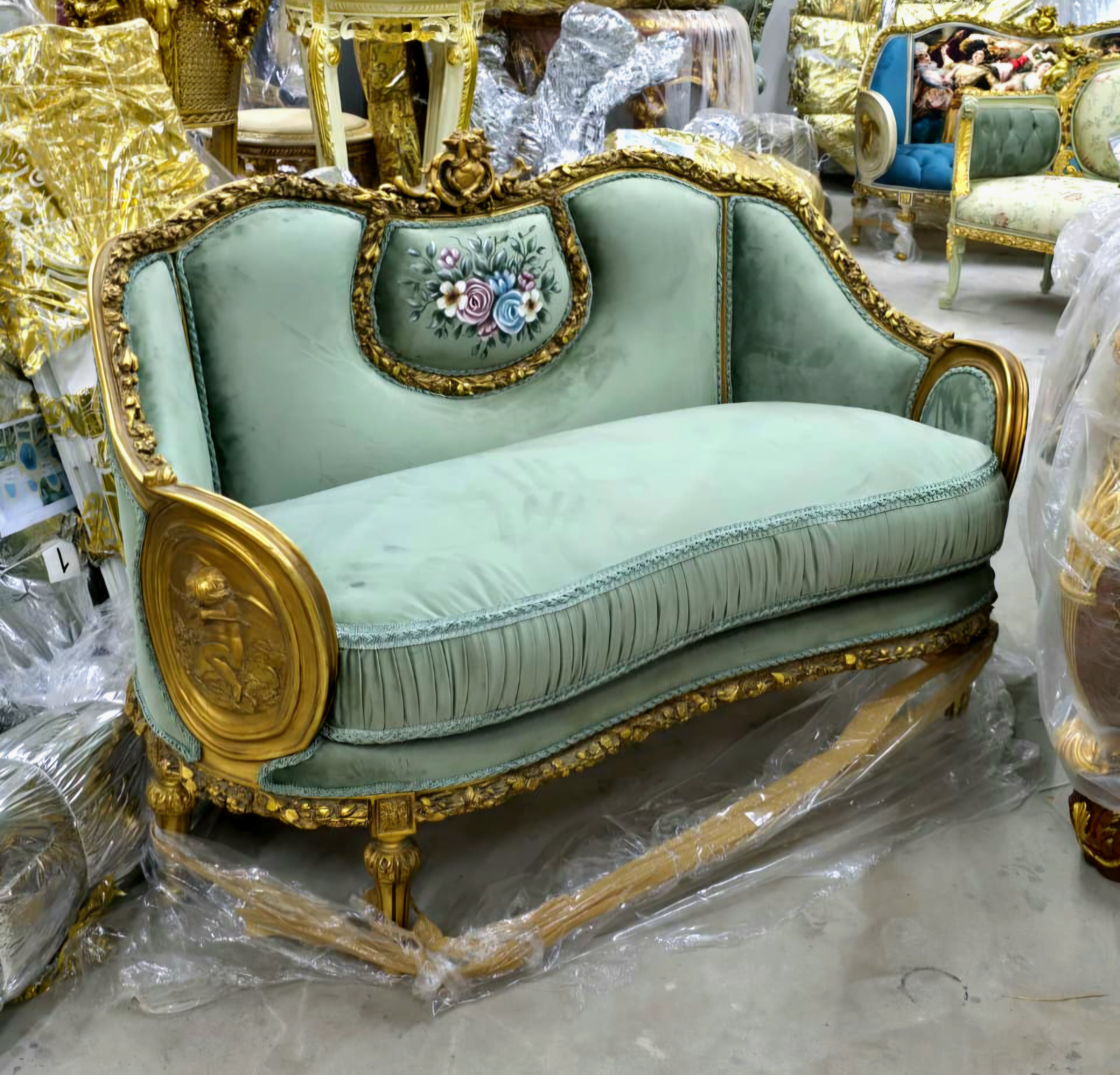 French Louis XVI Grand Sofa with Green Velvet Upholstery, Hand-Gilded Gold Leaf Frame & Hand-Painted Floral Medallion