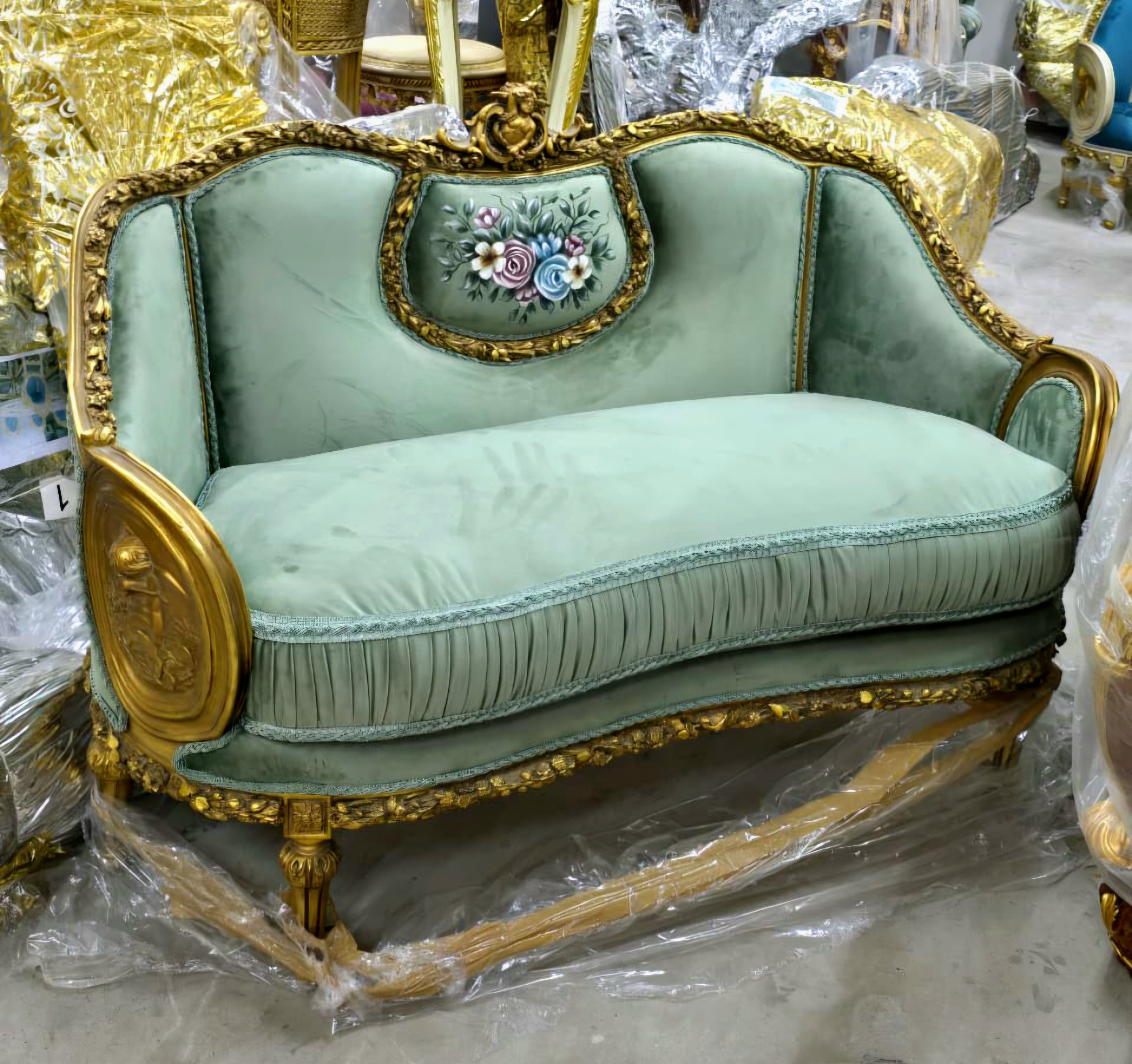 French Louis XVI Grand Sofa with Green Velvet Upholstery, Hand-Gilded Gold Leaf Frame & Hand-Painted Floral Medallion