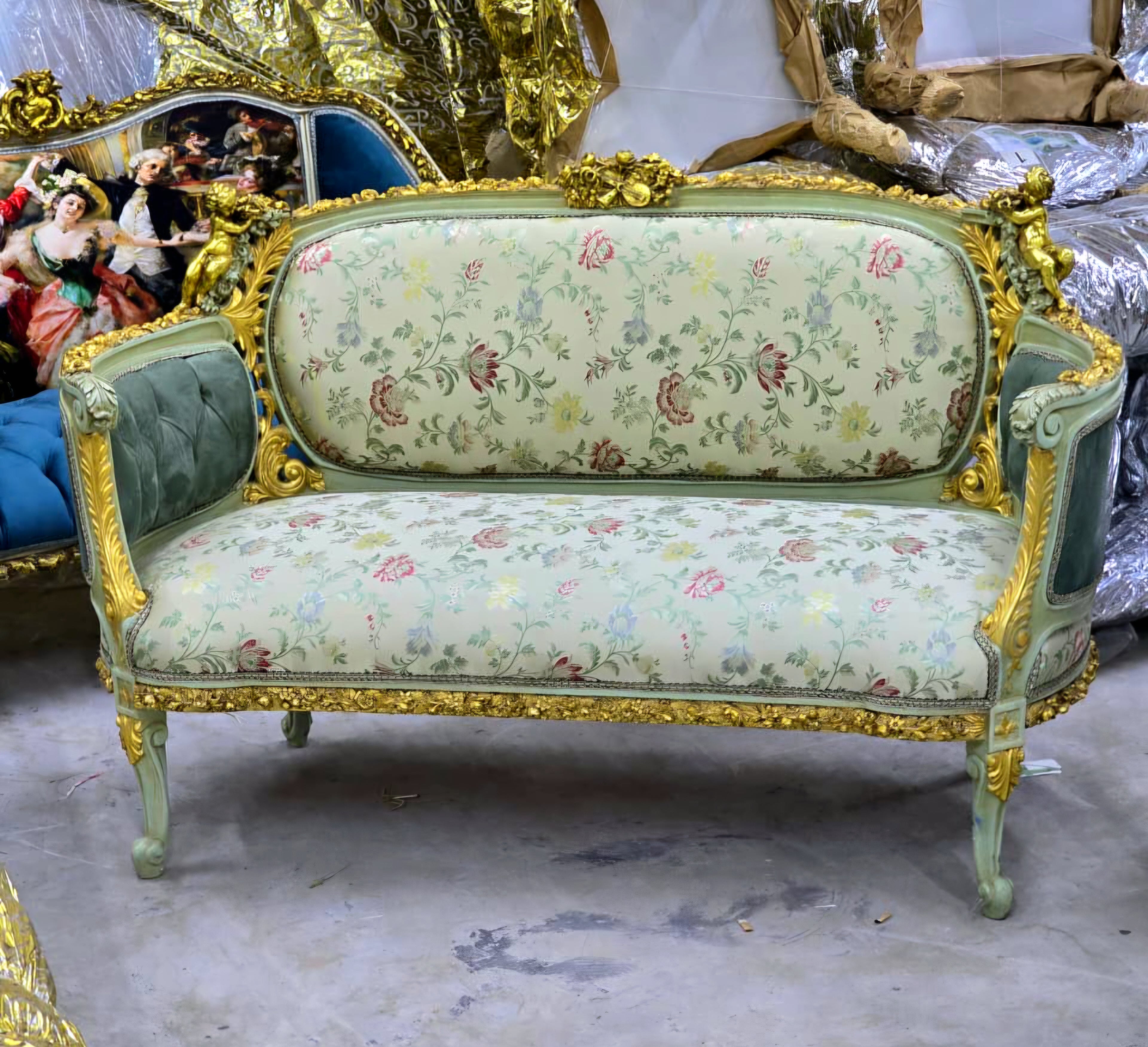 French Louis XV Romantic Sofa with Floral Damask Upholstery, Sage Green Velvet Panels, Cherubs & Hand-Gilded Gold Leaf Frame