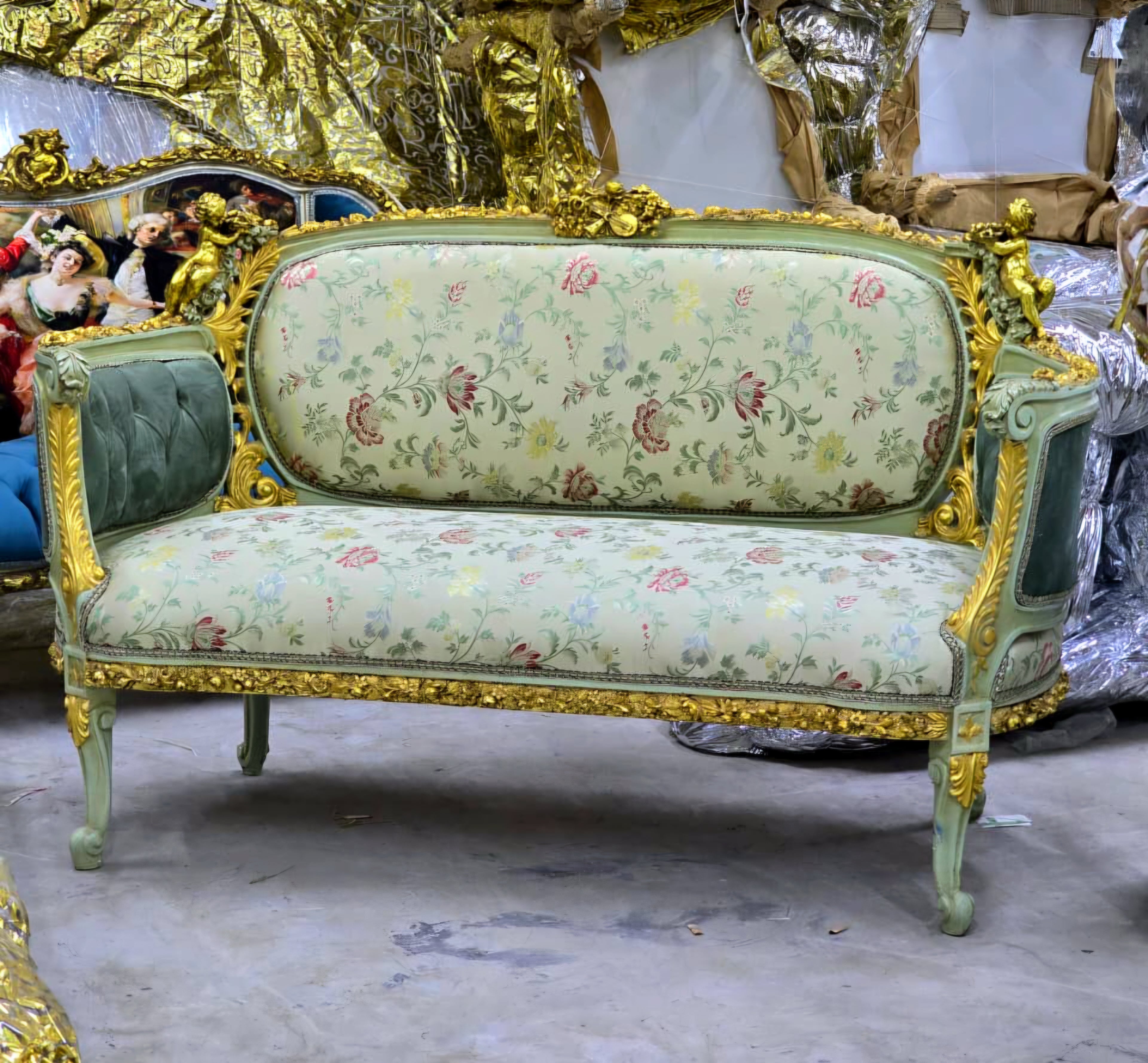 French Louis XV Romantic Sofa with Floral Damask Upholstery, Sage Green Velvet Panels, Cherubs & Hand-Gilded Gold Leaf Frame