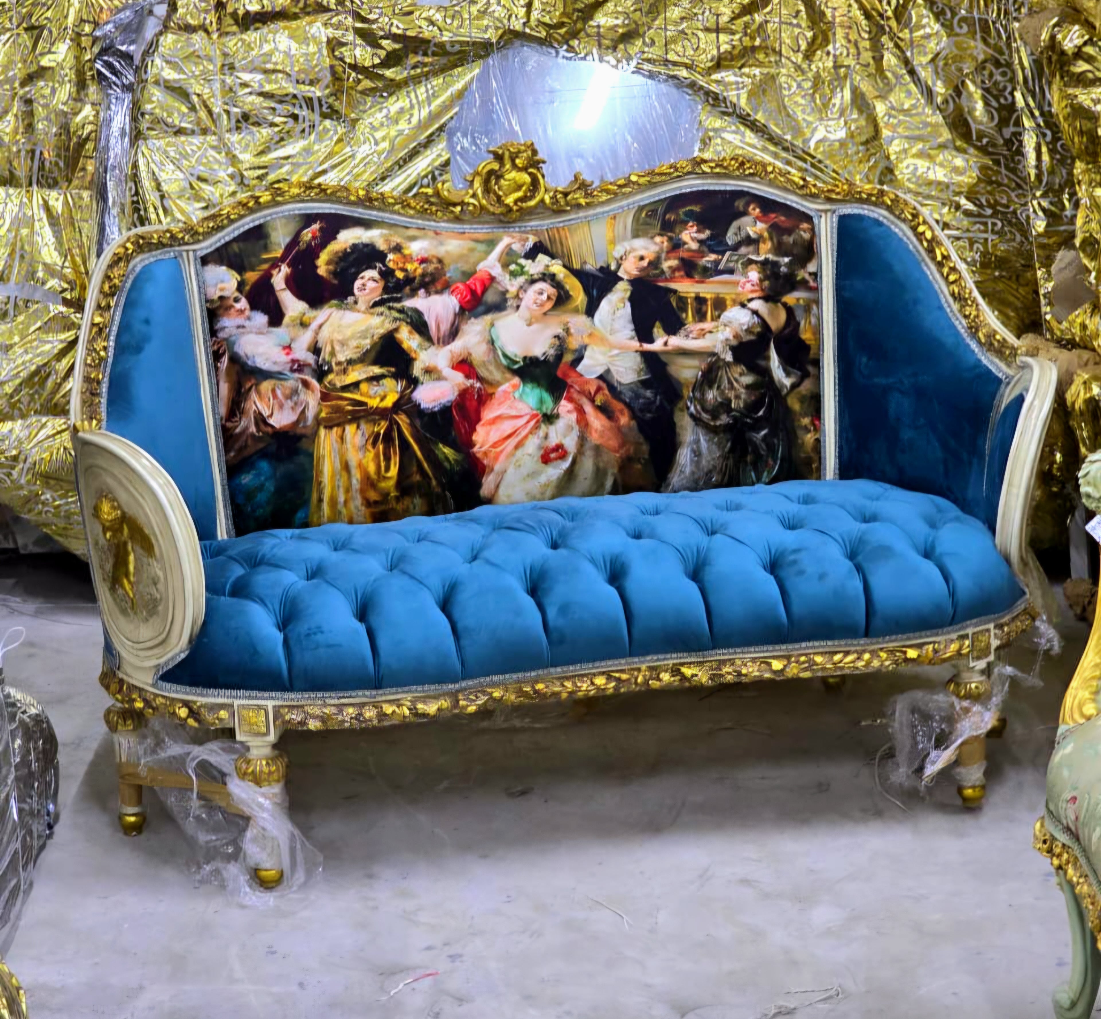 French Louis XVI Tufted Velvet Sofa with Romantic Ballroom Artwork, Hand-Gilded Gold Leaf Frame & Teal Blue Upholstery