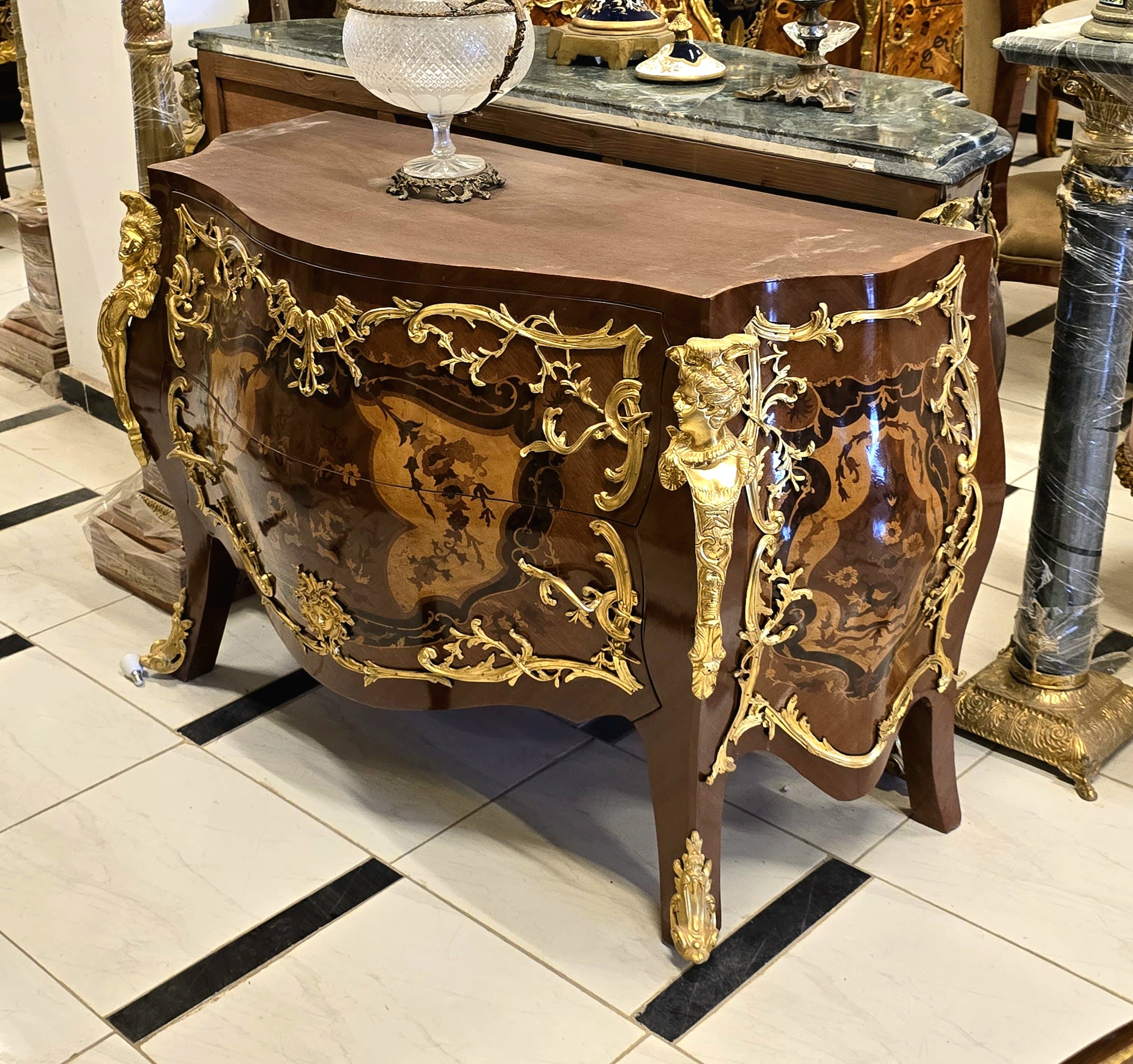 French Rococo Commode with Marble Top – Two-Drawer Burl Wood Cabinet with Gold Leaf & Bronze Details