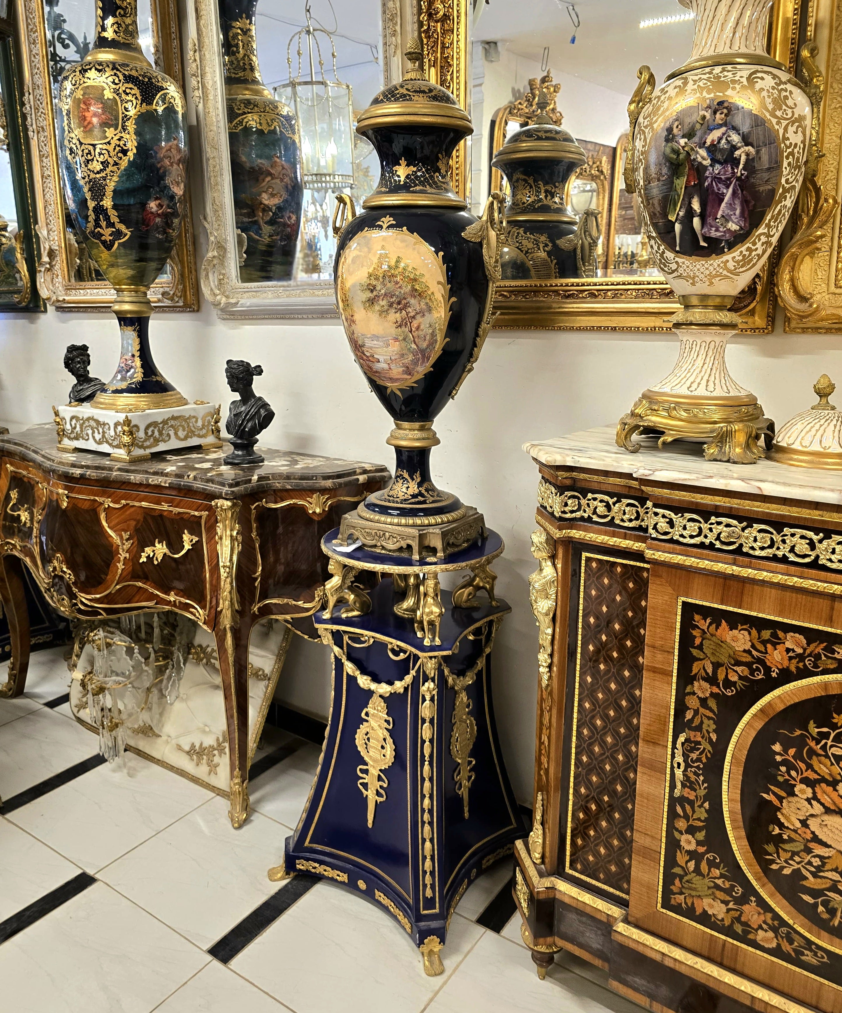 French Sevres-Style Black Porcelain Urn – Victorian Court Scene, Gold Gilding & Ornate Pedestal