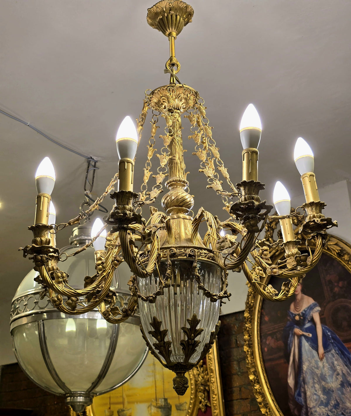 French Louis XV Gold Leaf Chandelier with Crystal Glass, Ornate Bronze Arms & 8 Lights