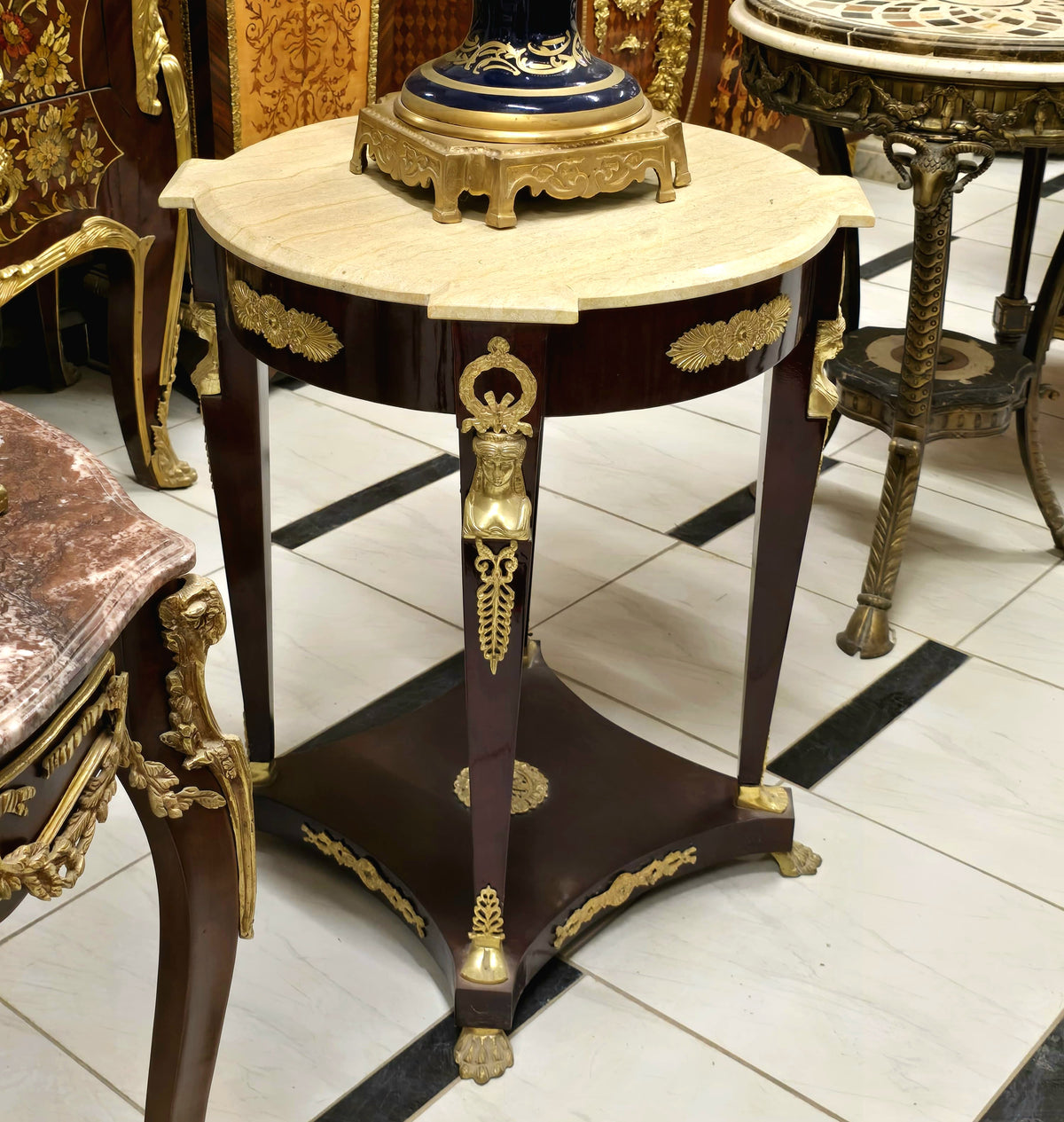Louis XV Style Marble Top Side Table with Hand-Painted Floral Porcelain Medallion & Gilt Bronze Details