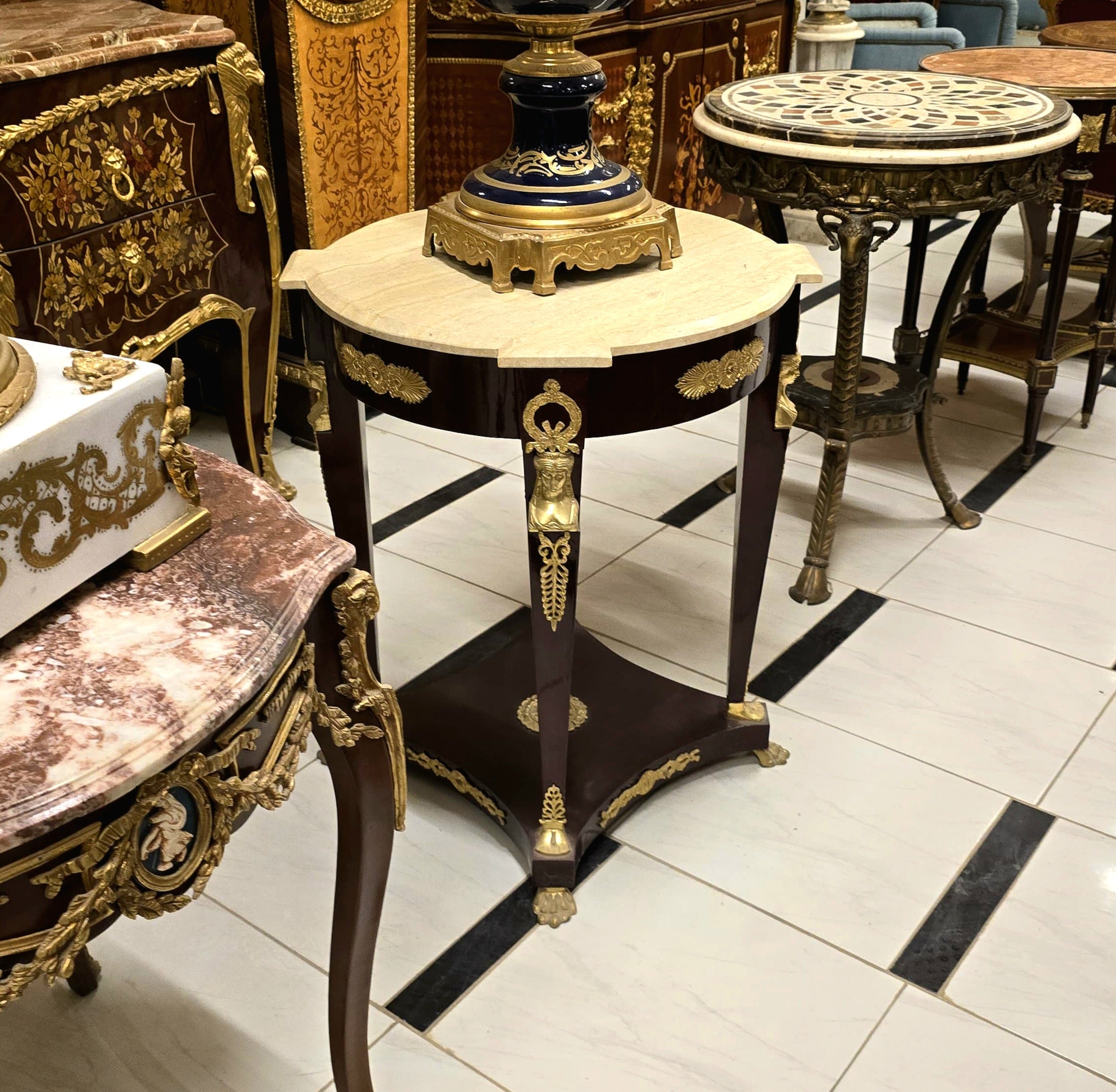 Louis XV Style Marble Top Side Table with Hand-Painted Floral Porcelain Medallion & Gilt Bronze Details