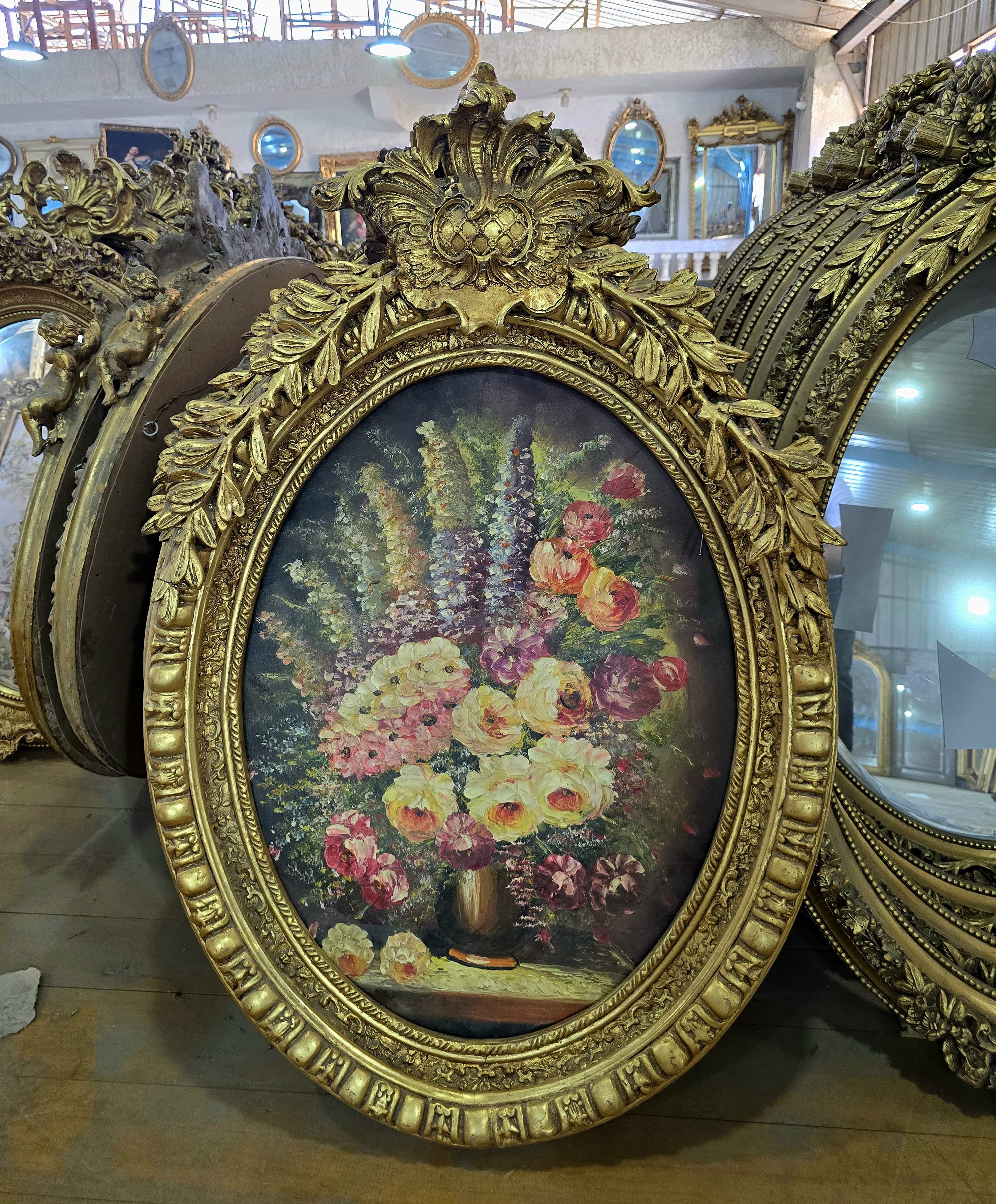 French Louis XVI Oval Floral Wall Art with Ornate Gold Leaf Frame – 39.4" x 47.2"
