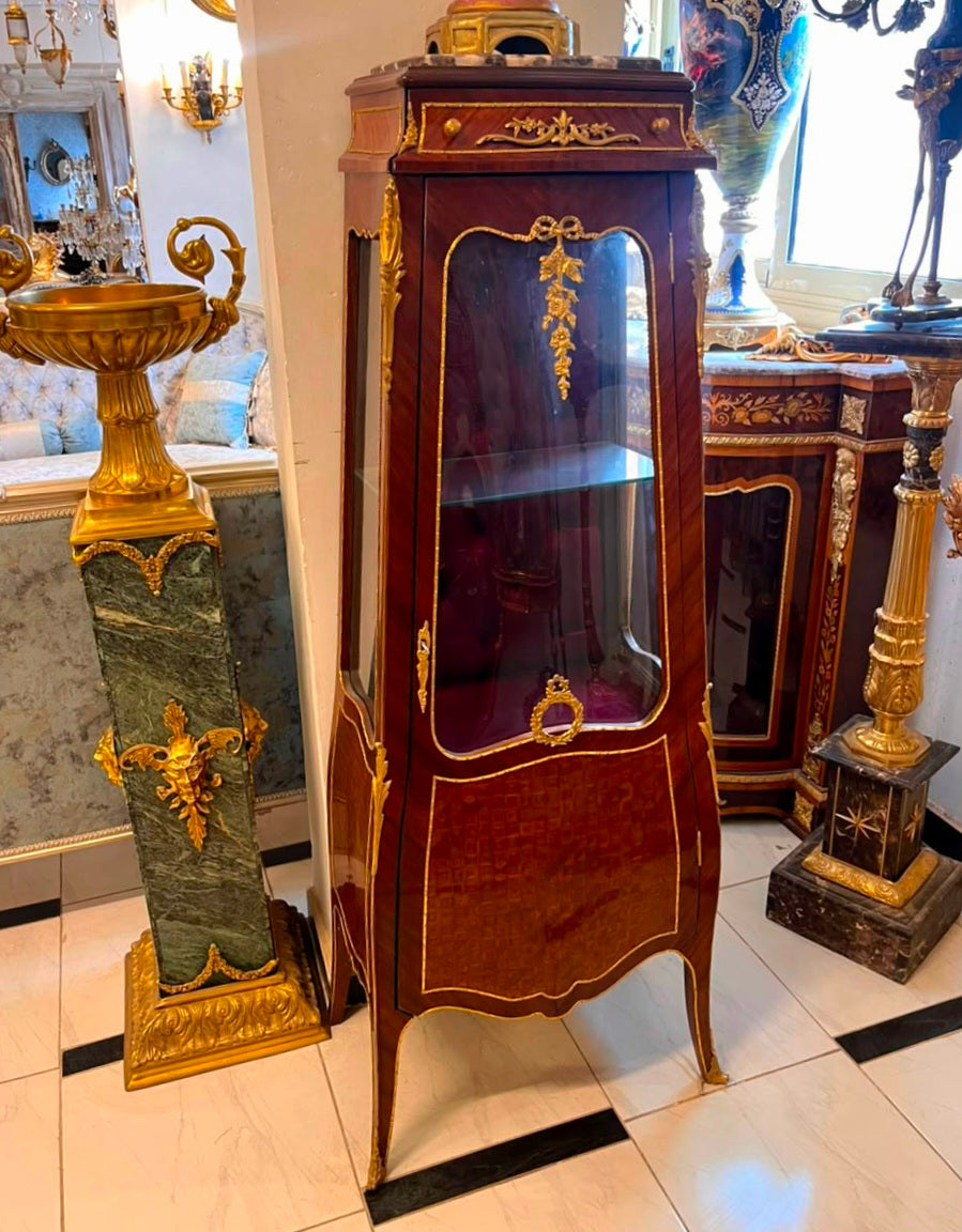 French Bombe Curio Cabinet with Floral Marquetry, Glass Doors & Ornate Gold Leaf Details