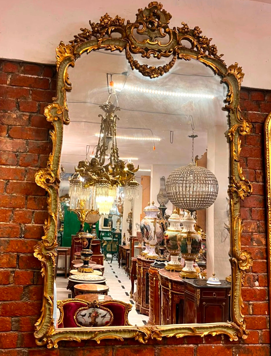 French Rococo Gold Leaf Wall Mirror with Ornate Sculpted Frame & Decorative Crest