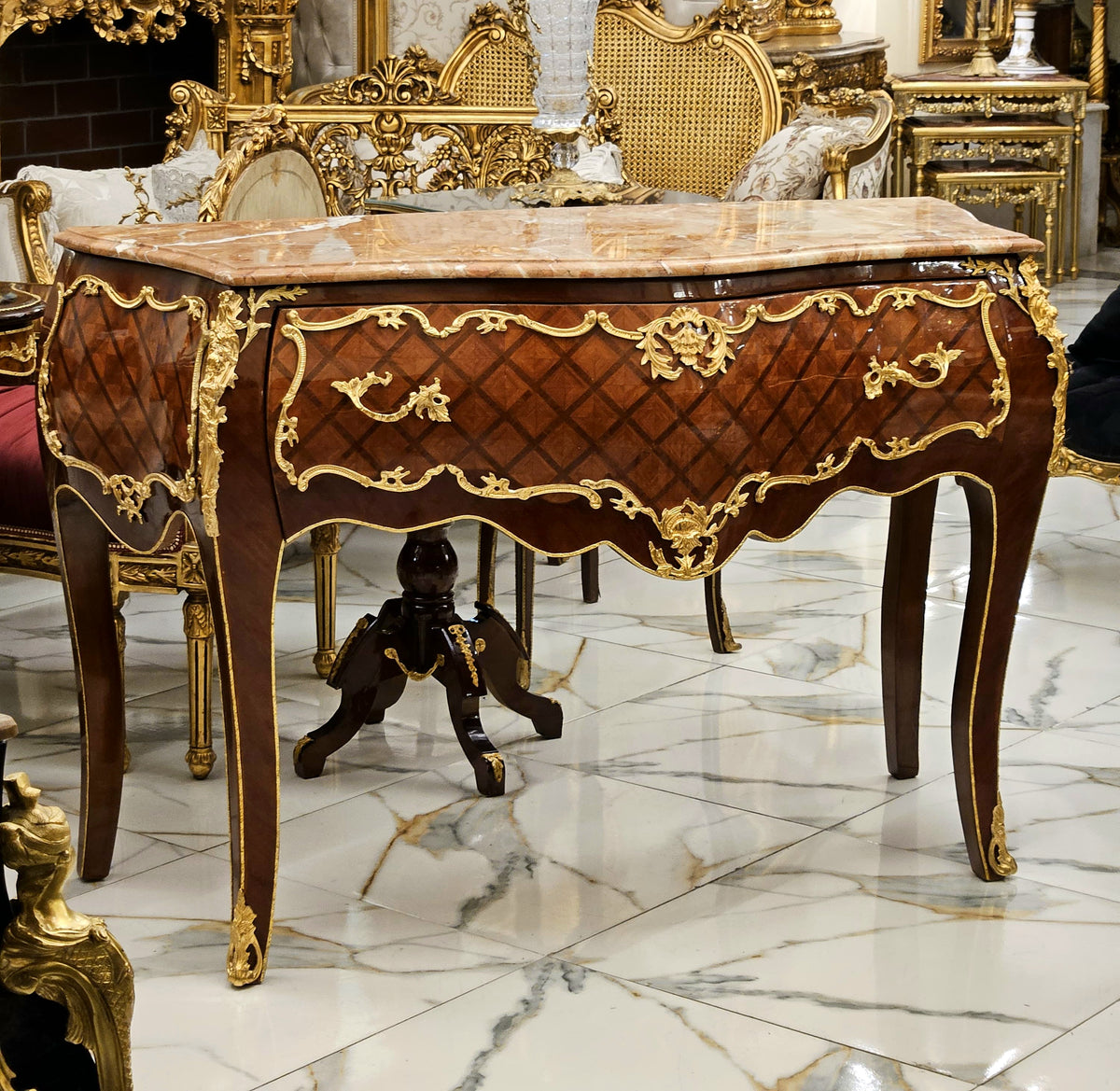 Midnight Opulence – French-Inspired Commode with Marble Top, Hand-Gilded Accents & Ornate Details