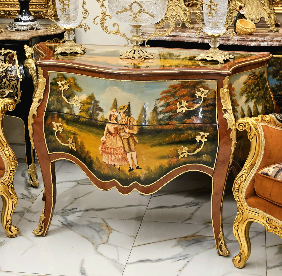 Romantic Reverie – French Rococo Bombe Commode with Hand-Painted Landscapes & Ornate Gilded Accents