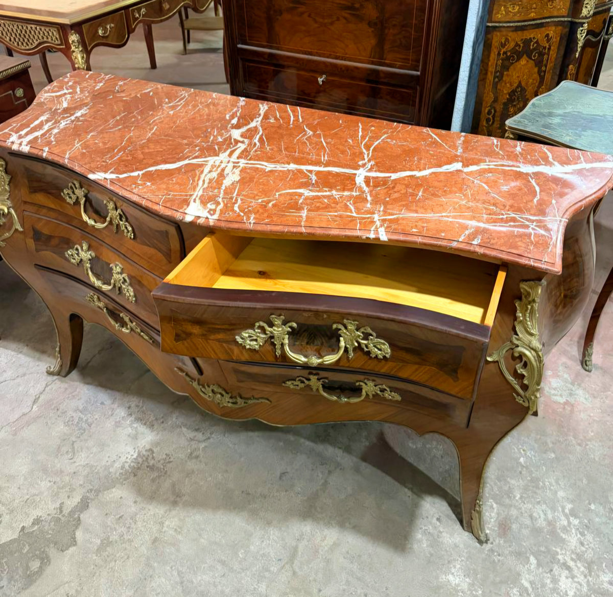 Grand French Louis XV Style Six-Drawer Commode – Rich Wood, Marble Top & Gilded Bronze Details