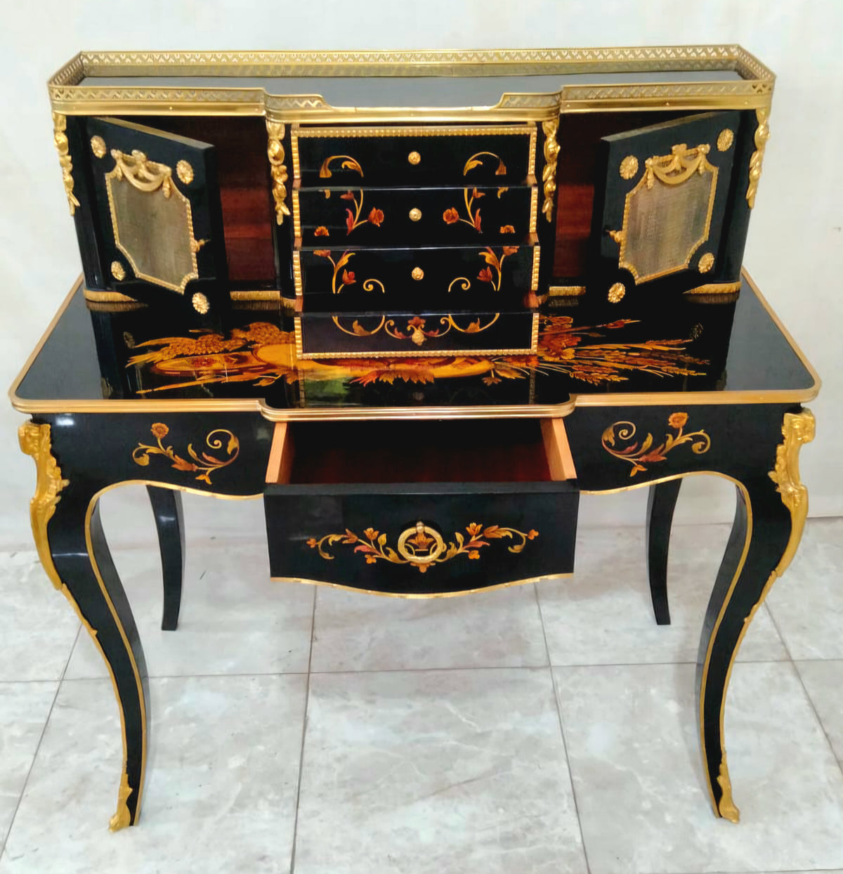 French Louis XV Style Writing Desk – Black Wood with Gold Leaf, Bronze Details & Multiple Storage Drawers