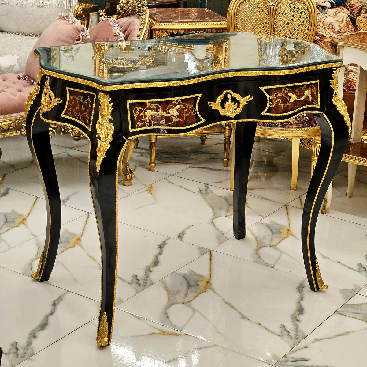 The Royal Scribe – Louis XV-Inspired Writing Desk with Exquisite Marquetry Inlay & Glass Top