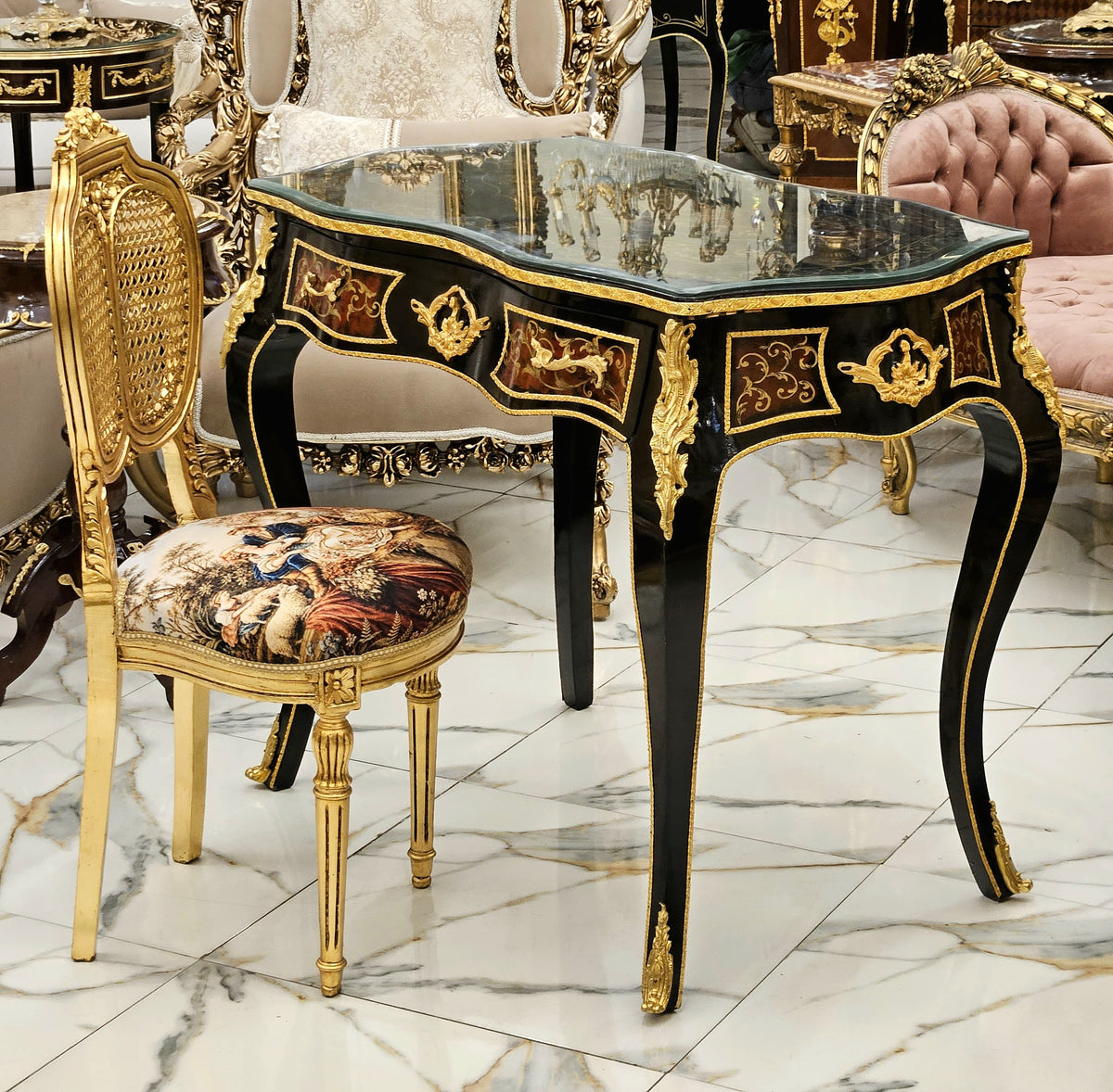 The Royal Scribe – Louis XV-Inspired Writing Desk with Exquisite Marquetry Inlay & Glass Top